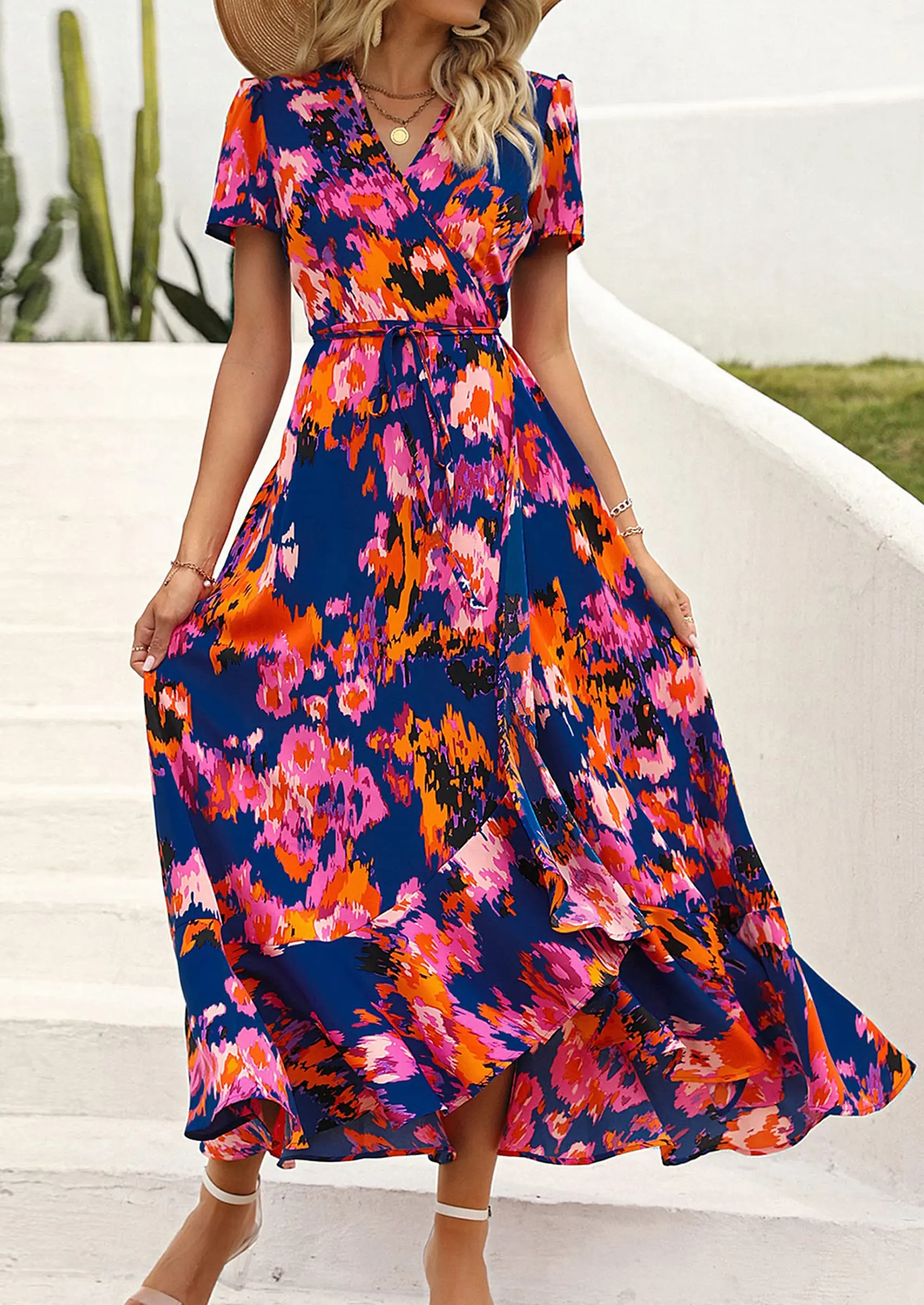 PRETTYGARDEN Women's Summer Maxi Dress Casual Wrap Floral Boho Short Sleeve V Neck Split Ruffle Beach Long Dresses - Image 55