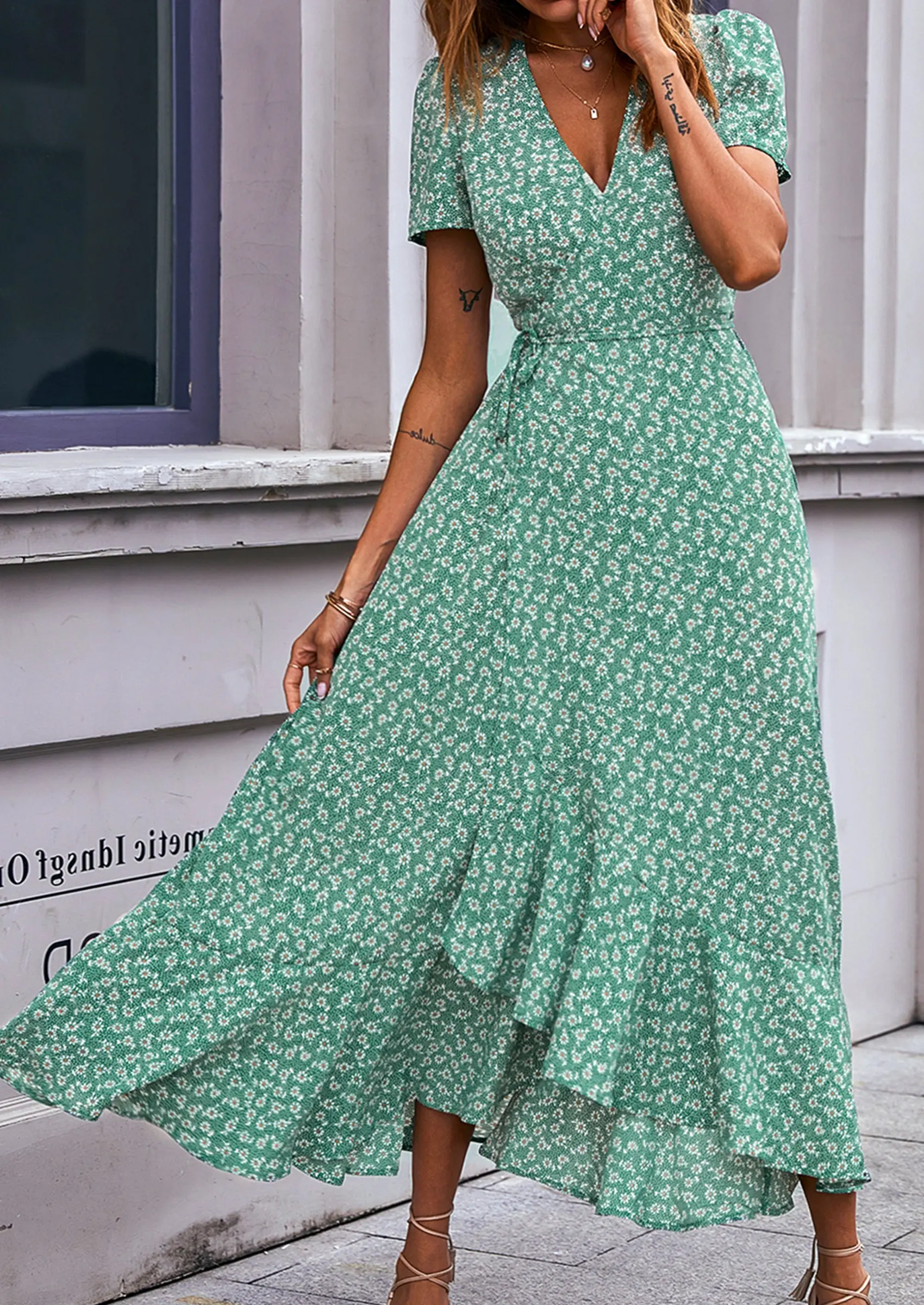 PRETTYGARDEN Women's Summer Maxi Dress Casual Wrap Floral Boho Short Sleeve V Neck Split Ruffle Beach Long Dresses - Image 56