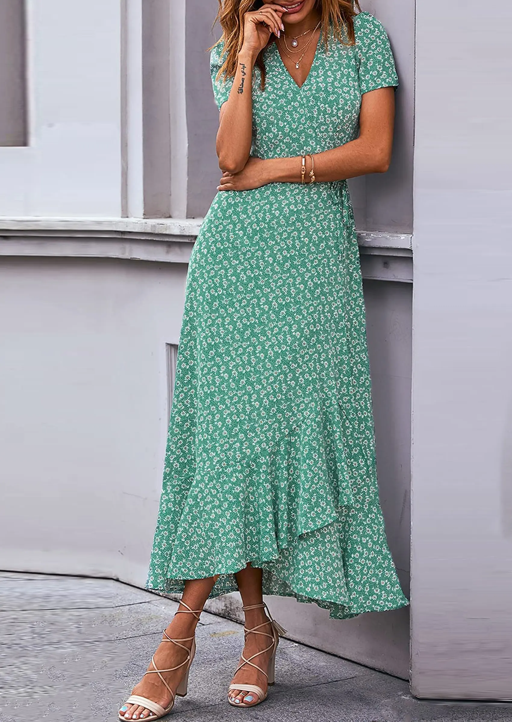 PRETTYGARDEN Women's Summer Maxi Dress Casual Wrap Floral Boho Short Sleeve V Neck Split Ruffle Beach Long Dresses - Image 58