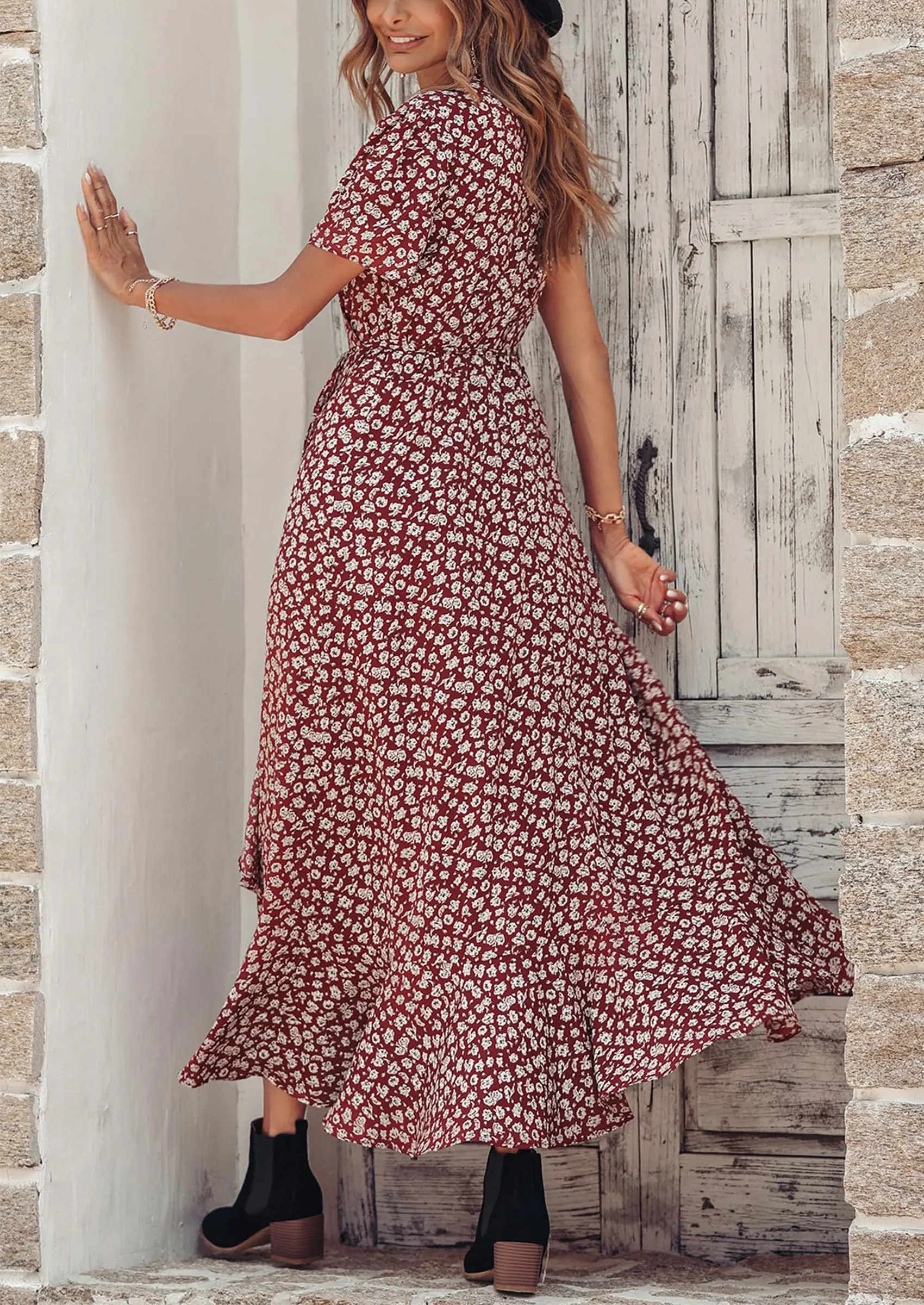 PRETTYGARDEN Women's Summer Maxi Dress Casual Wrap Floral Boho Short Sleeve V Neck Split Ruffle Beach Long Dresses - Image 6