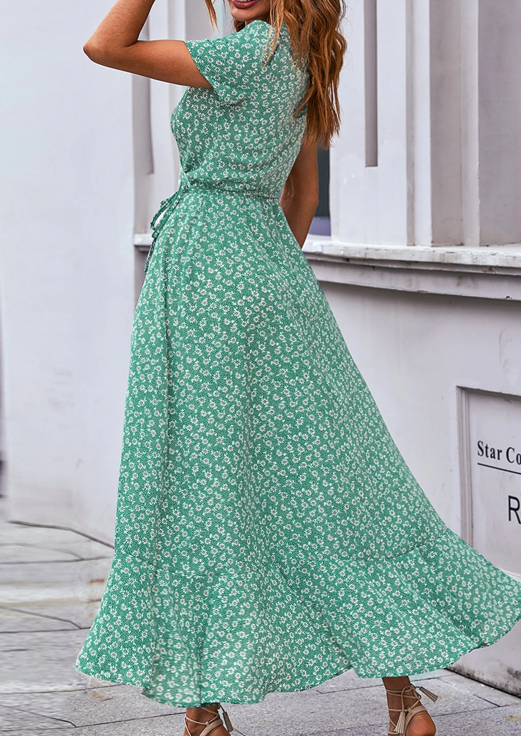 PRETTYGARDEN Women's Summer Maxi Dress Casual Wrap Floral Boho Short Sleeve V Neck Split Ruffle Beach Long Dresses - Image 60