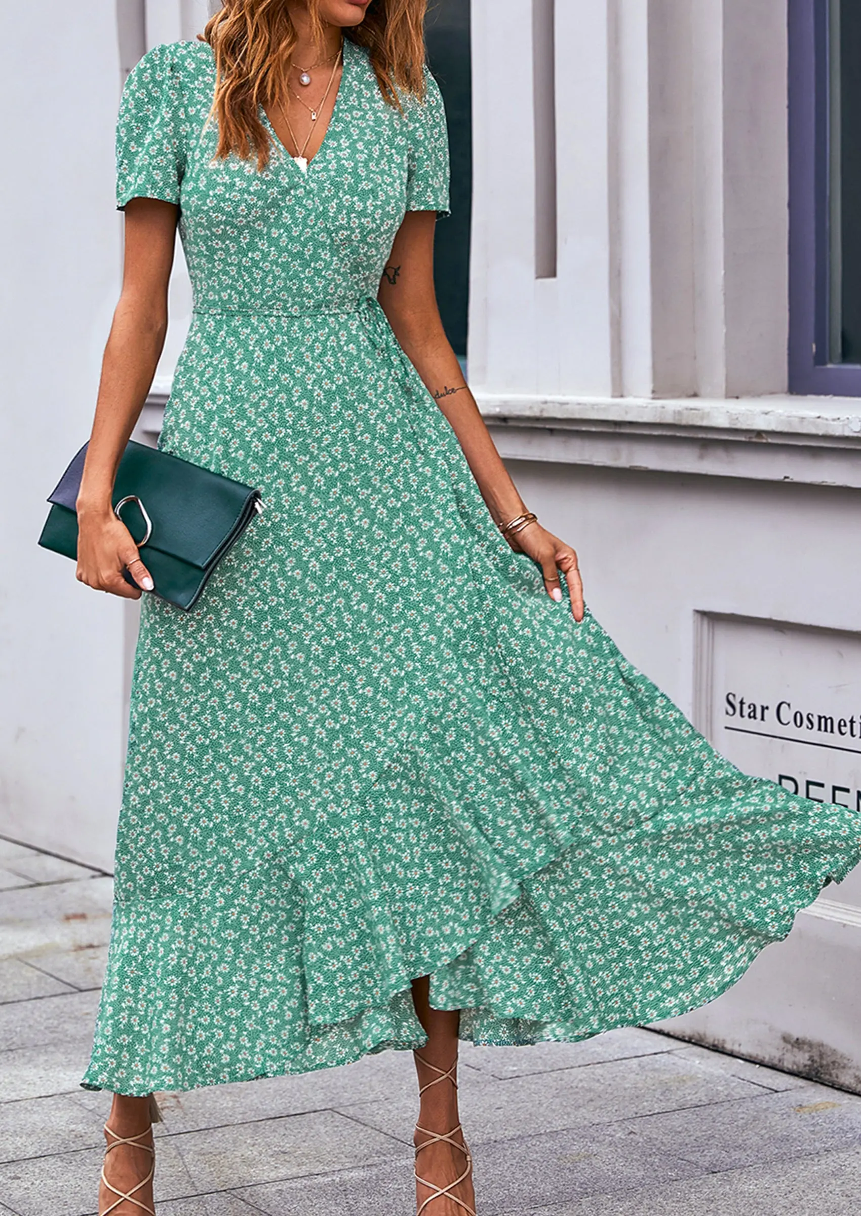 PRETTYGARDEN Women's Summer Maxi Dress Casual Wrap Floral Boho Short Sleeve V Neck Split Ruffle Beach Long Dresses - Image 62