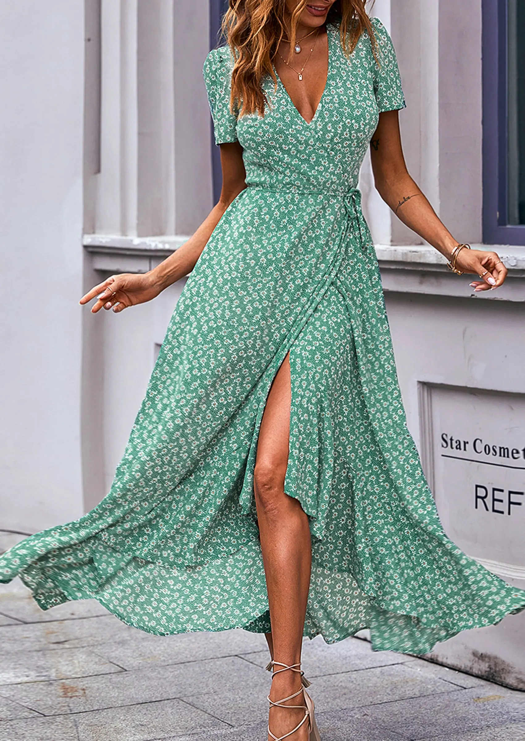 PRETTYGARDEN Women's Summer Maxi Dress Casual Wrap Floral Boho Short Sleeve V Neck Split Ruffle Beach Long Dresses - Image 63