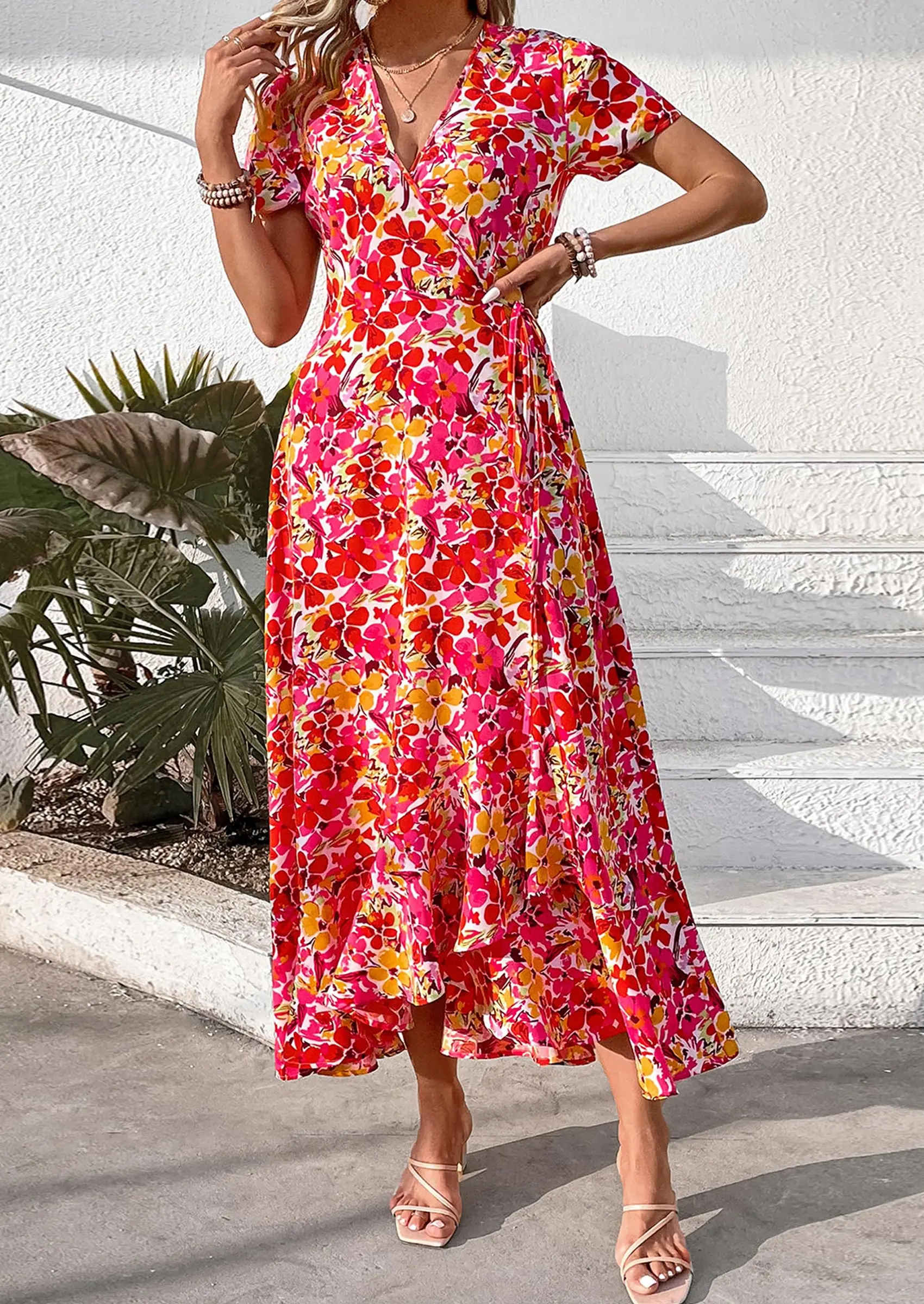 PRETTYGARDEN Women's Summer Maxi Dress Casual Wrap Floral Boho Short Sleeve V Neck Split Ruffle Beach Long Dresses - Image 64