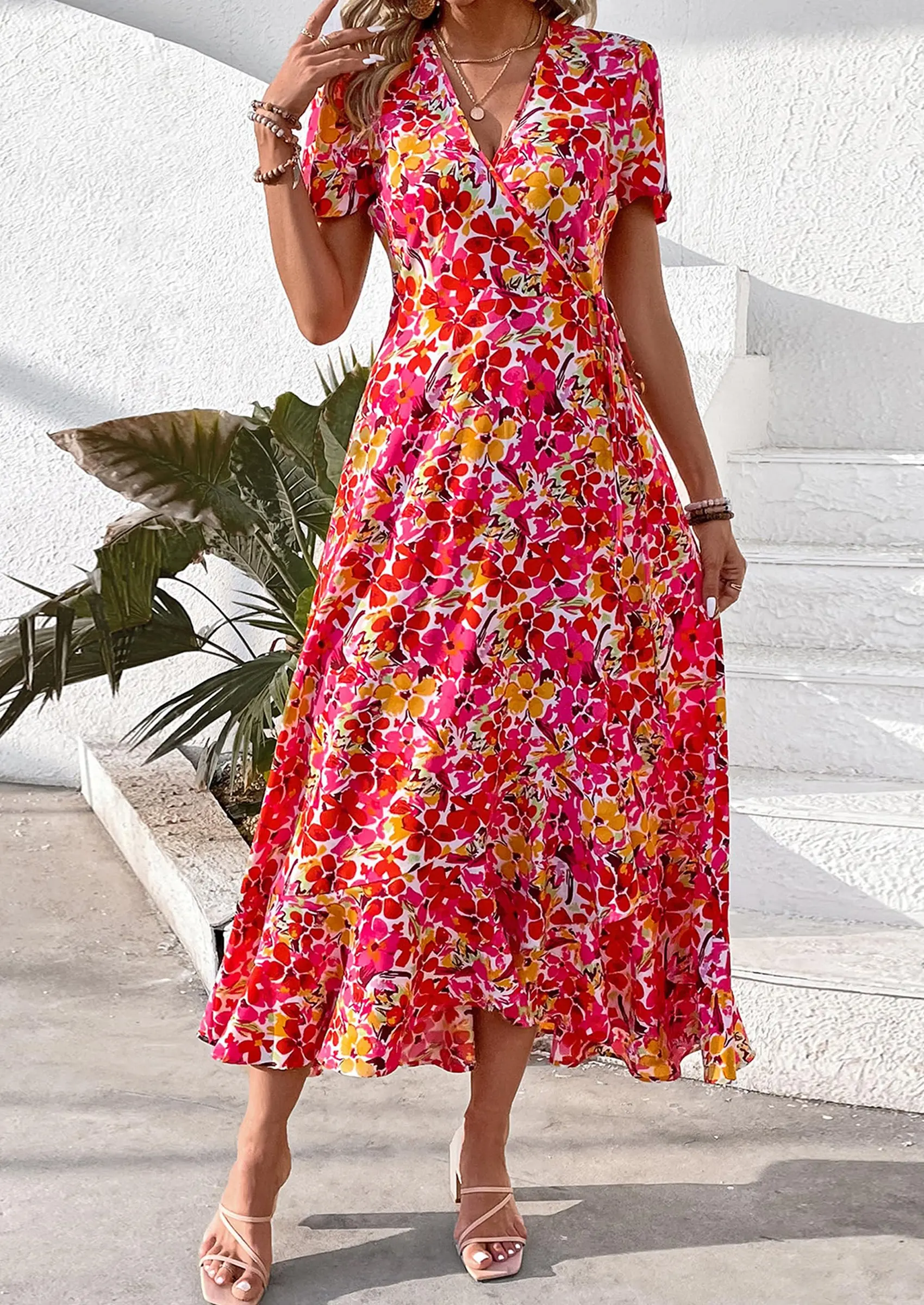 PRETTYGARDEN Women's Summer Maxi Dress Casual Wrap Floral Boho Short Sleeve V Neck Split Ruffle Beach Long Dresses - Image 66