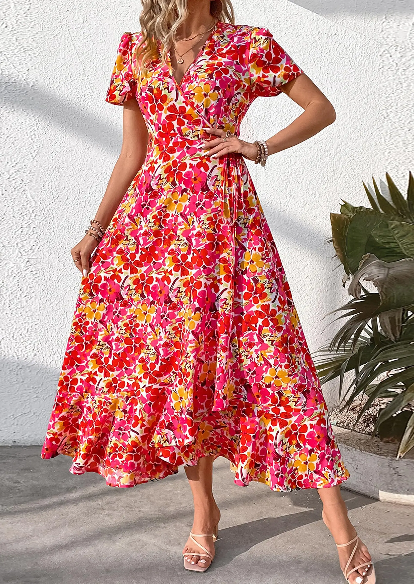 PRETTYGARDEN Women's Summer Maxi Dress Casual Wrap Floral Boho Short Sleeve V Neck Split Ruffle Beach Long Dresses - Image 67