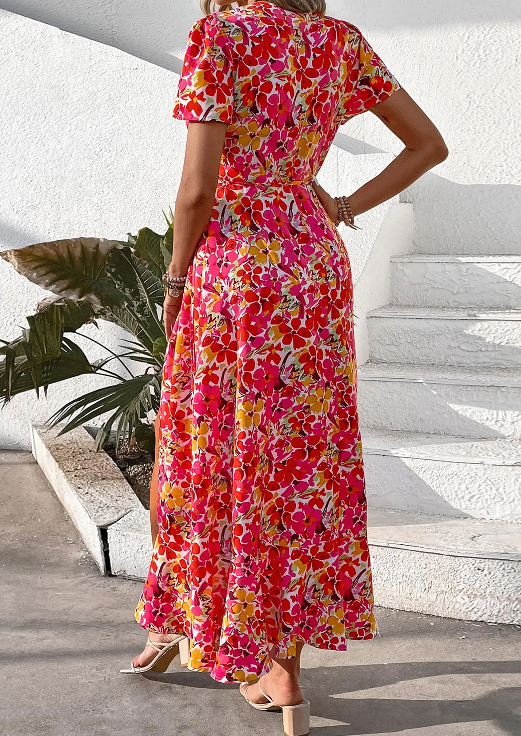 PRETTYGARDEN Women's Summer Maxi Dress Casual Wrap Floral Boho Short Sleeve V Neck Split Ruffle Beach Long Dresses - Image 69