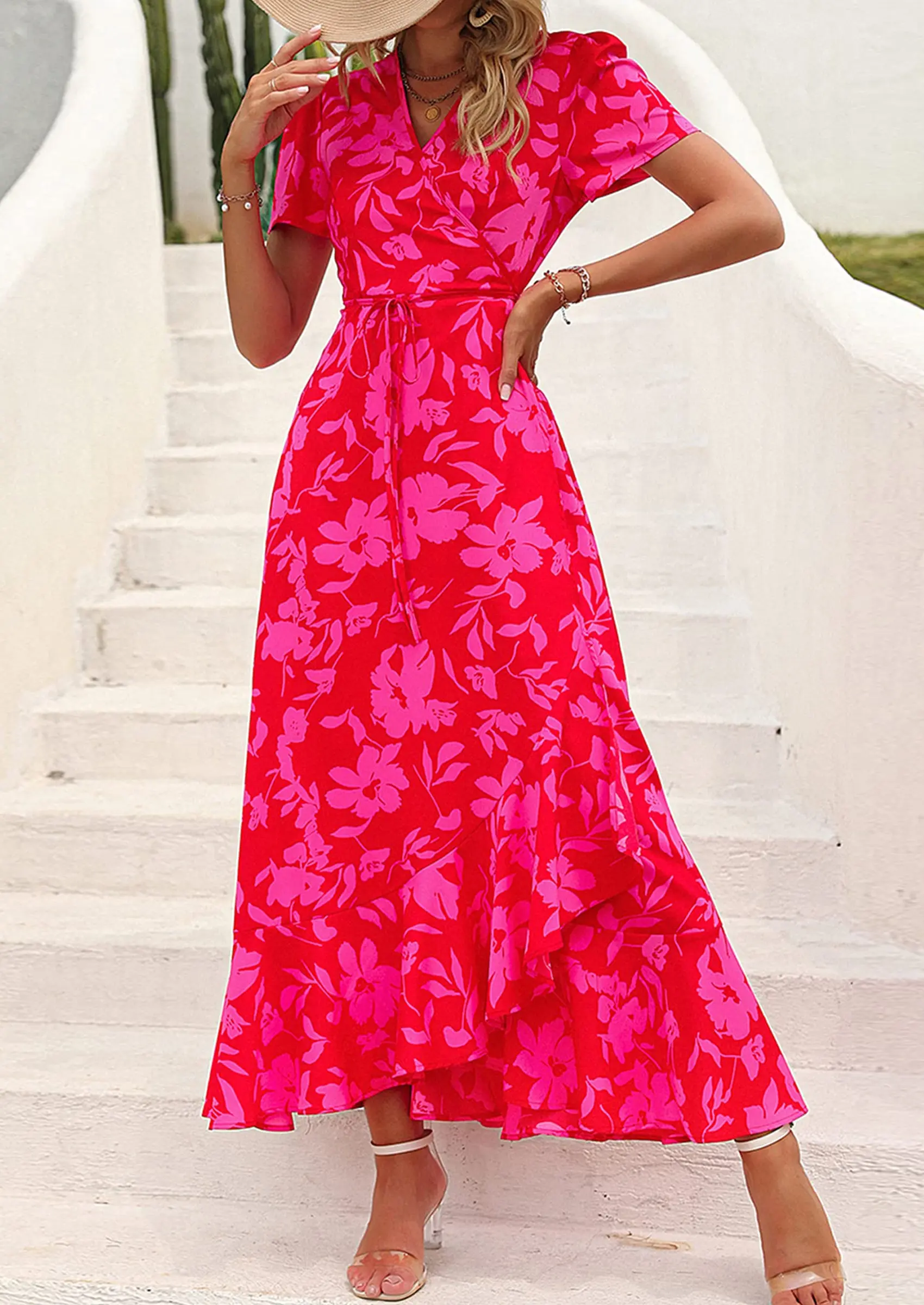 PRETTYGARDEN Women's Summer Maxi Dress Casual Wrap Floral Boho Short Sleeve V Neck Split Ruffle Beach Long Dresses - Image 70