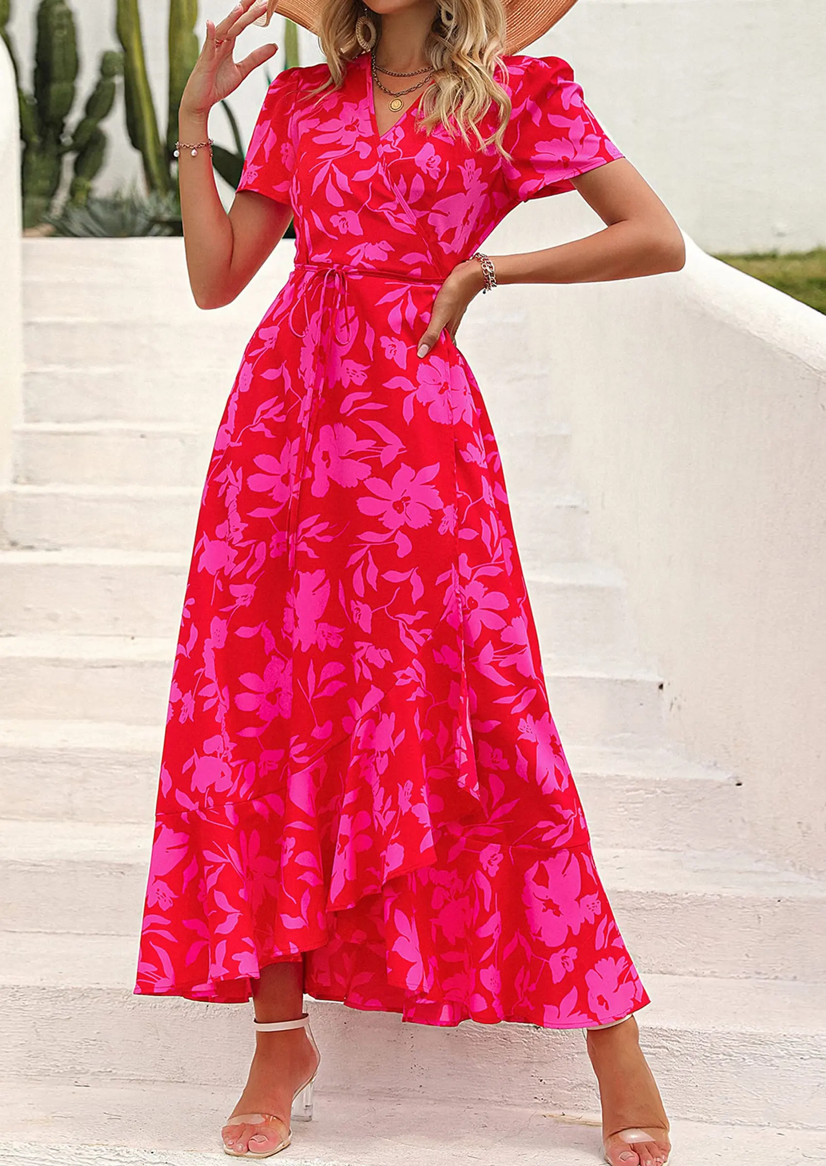 PRETTYGARDEN Women's Summer Maxi Dress Casual Wrap Floral Boho Short Sleeve V Neck Split Ruffle Beach Long Dresses - Image 71