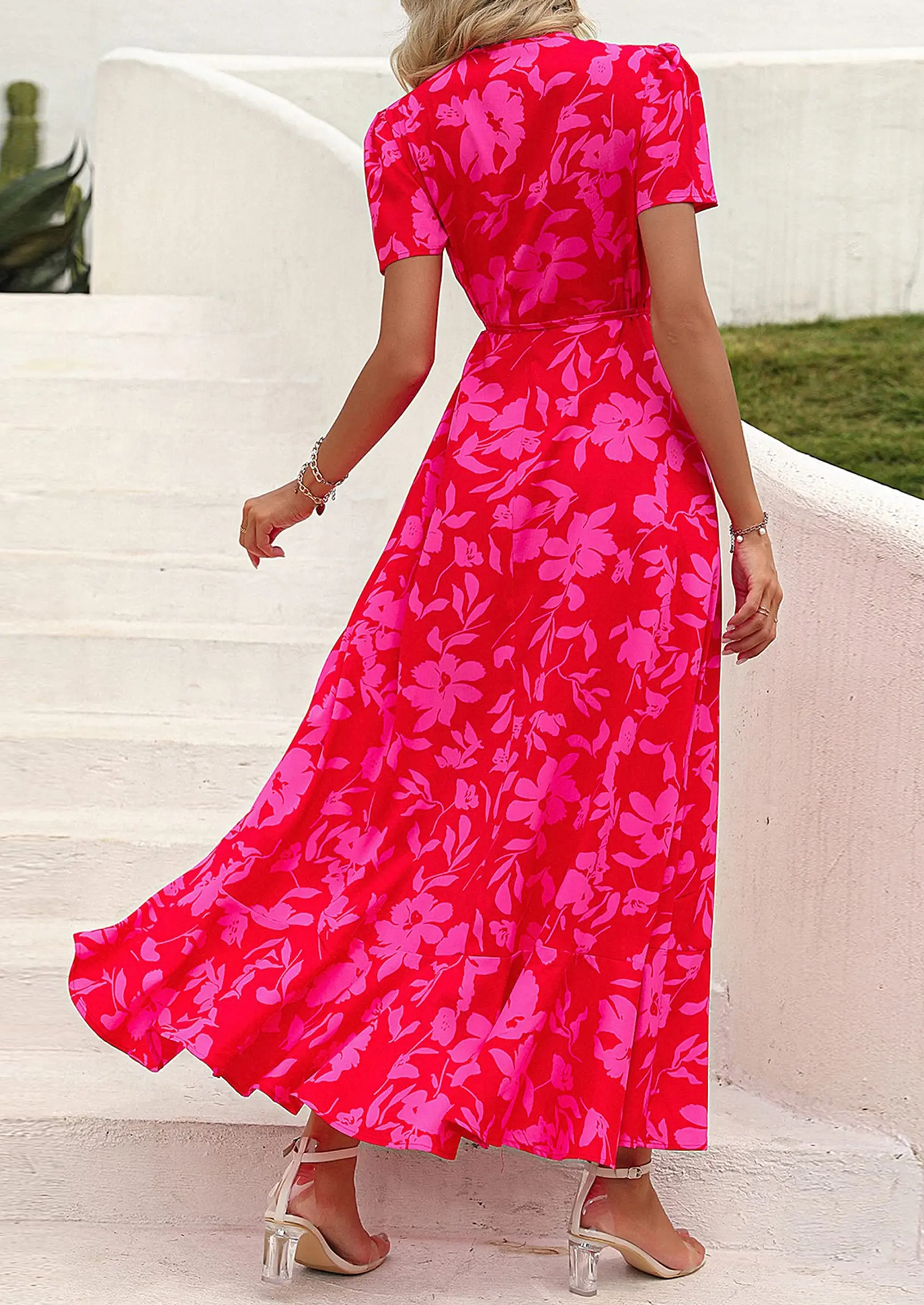 PRETTYGARDEN Women's Summer Maxi Dress Casual Wrap Floral Boho Short Sleeve V Neck Split Ruffle Beach Long Dresses - Image 72