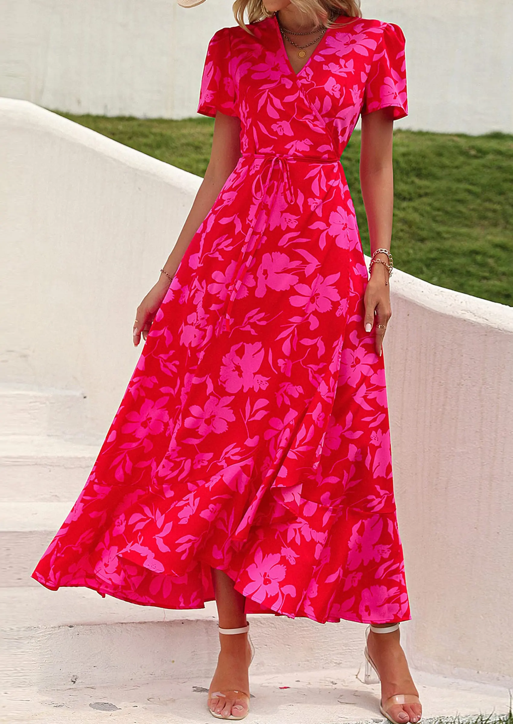 PRETTYGARDEN Women's Summer Maxi Dress Casual Wrap Floral Boho Short Sleeve V Neck Split Ruffle Beach Long Dresses - Image 73