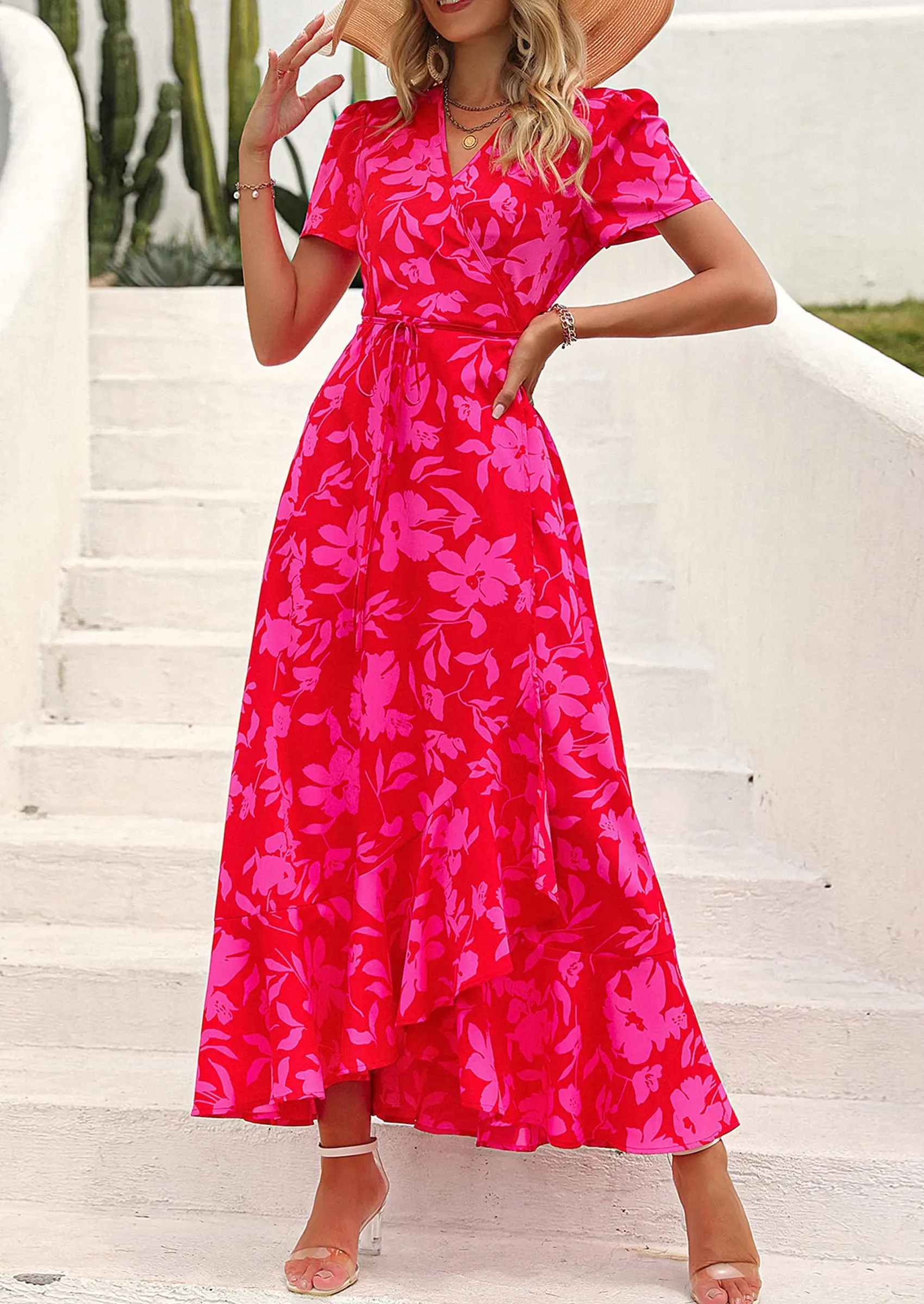 PRETTYGARDEN Women's Summer Maxi Dress Casual Wrap Floral Boho Short Sleeve V Neck Split Ruffle Beach Long Dresses - Image 75