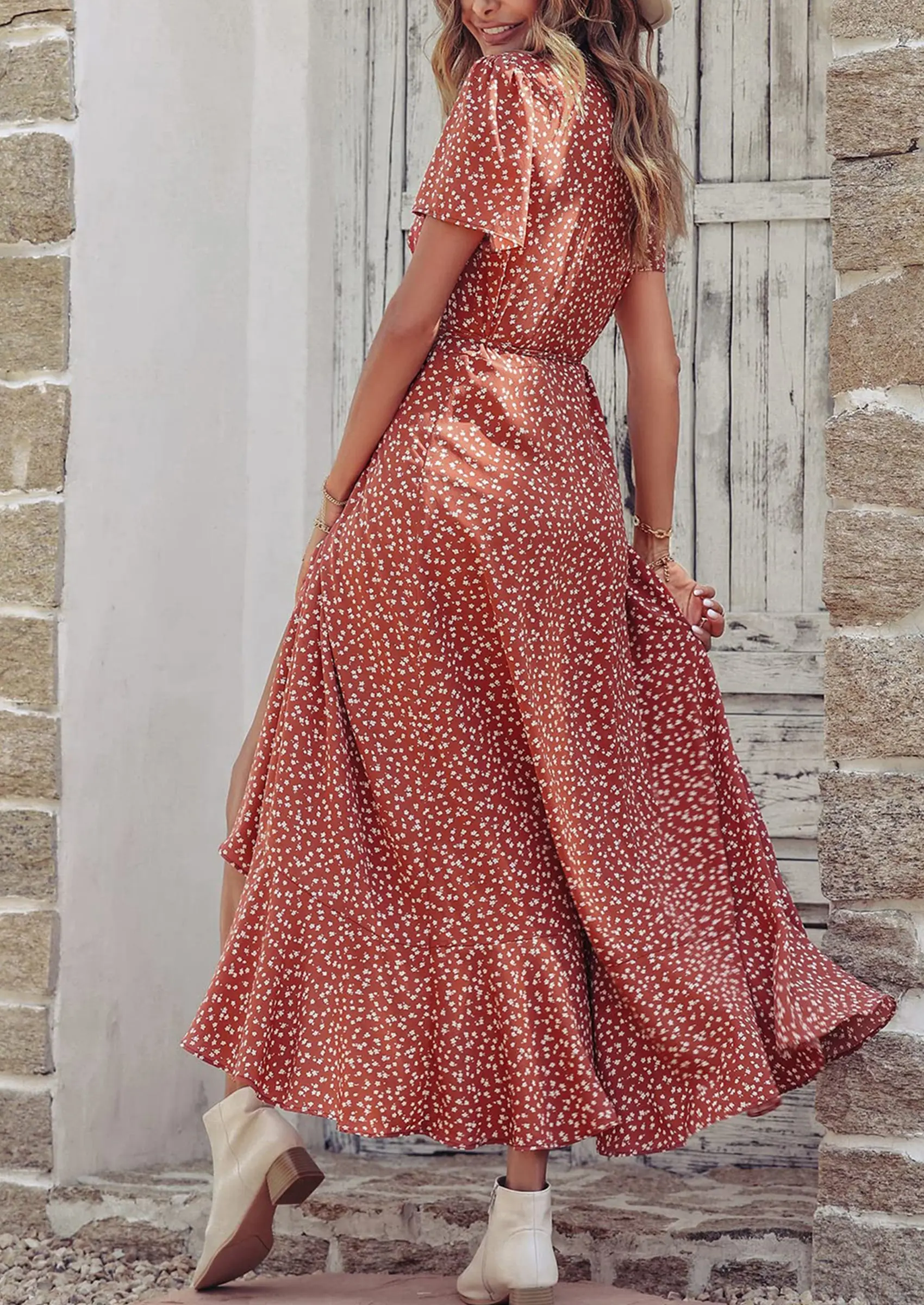 PRETTYGARDEN Women's Summer Maxi Dress Casual Wrap Floral Boho Short Sleeve V Neck Split Ruffle Beach Long Dresses - Image 76