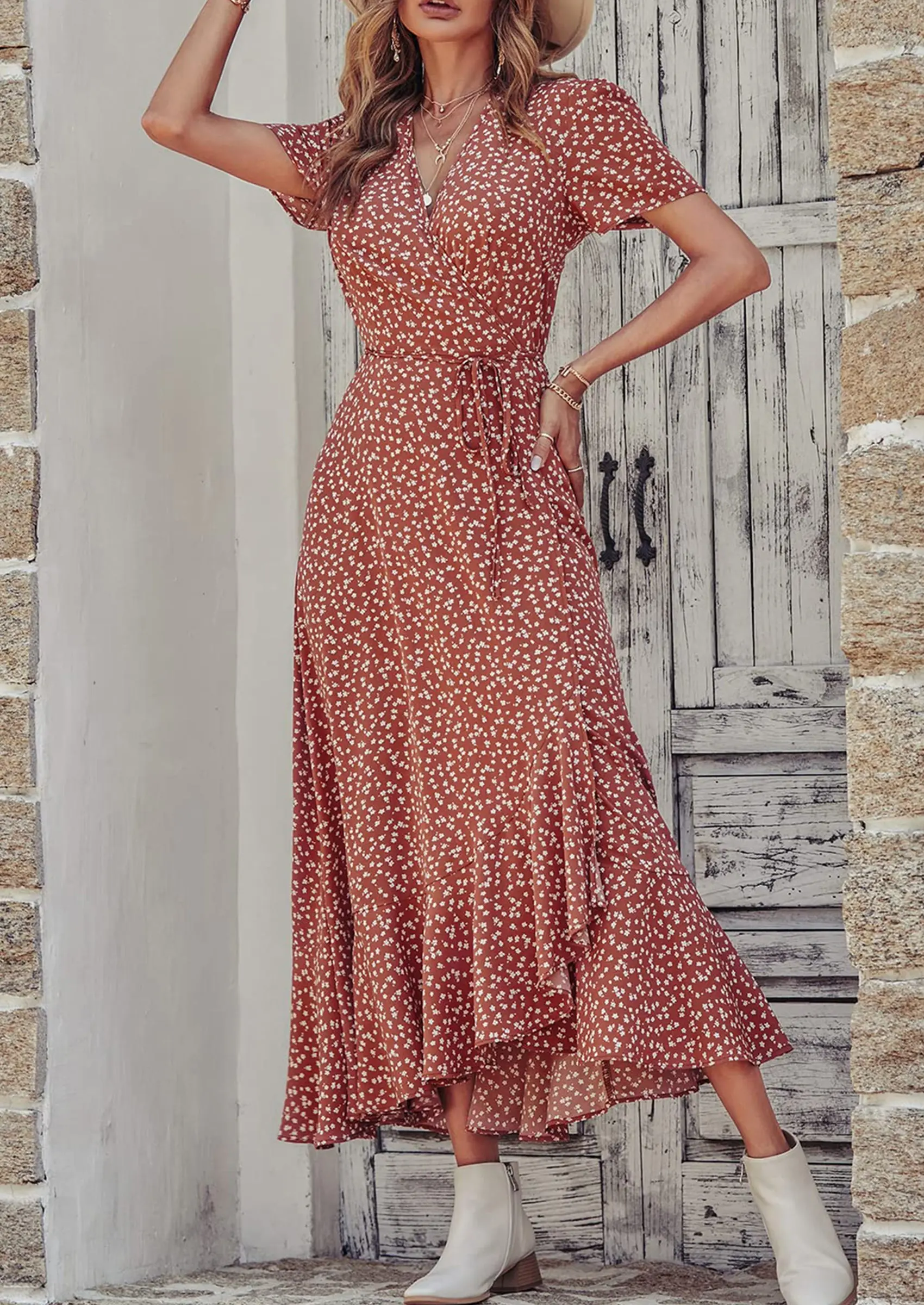 PRETTYGARDEN Women's Summer Maxi Dress Casual Wrap Floral Boho Short Sleeve V Neck Split Ruffle Beach Long Dresses - Image 77