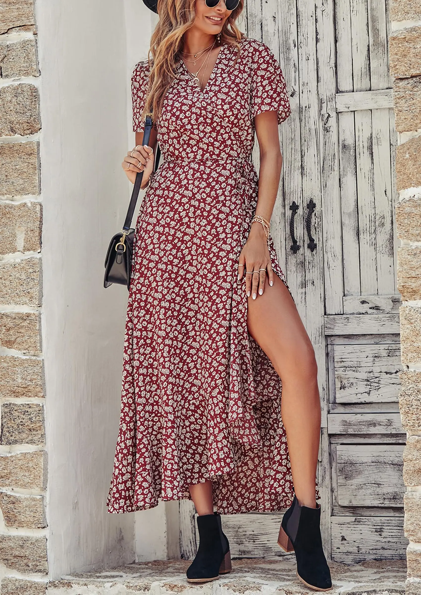 PRETTYGARDEN Women's Summer Maxi Dress Casual Wrap Floral Boho Short Sleeve V Neck Split Ruffle Beach Long Dresses - Image 8