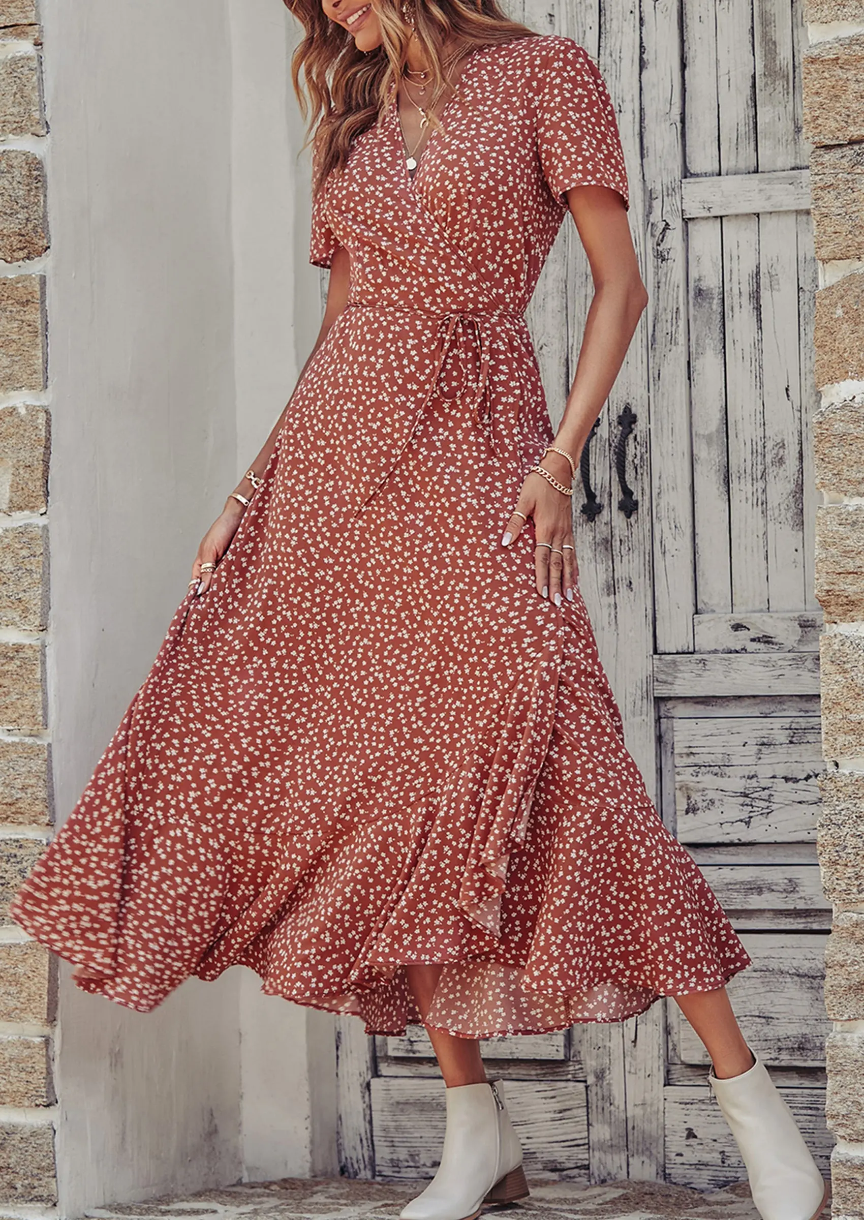 PRETTYGARDEN Women's Summer Maxi Dress Casual Wrap Floral Boho Short Sleeve V Neck Split Ruffle Beach Long Dresses - Image 80