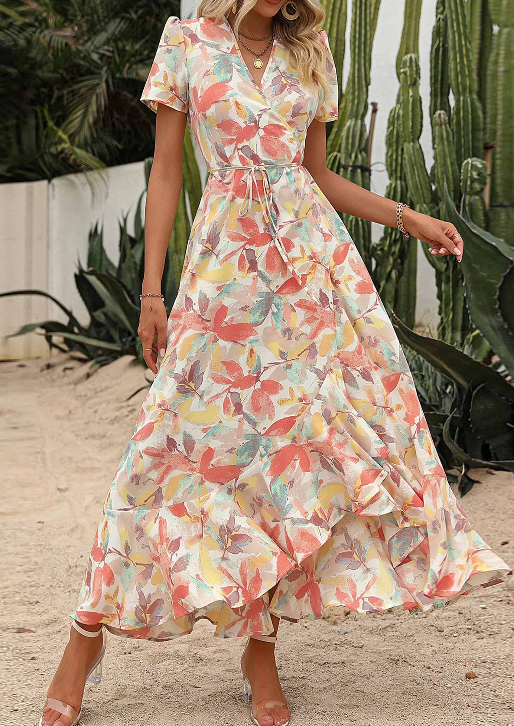 PRETTYGARDEN Women's Summer Maxi Dress Casual Wrap Floral Boho Short Sleeve V Neck Split Ruffle Beach Long Dresses - Image 81