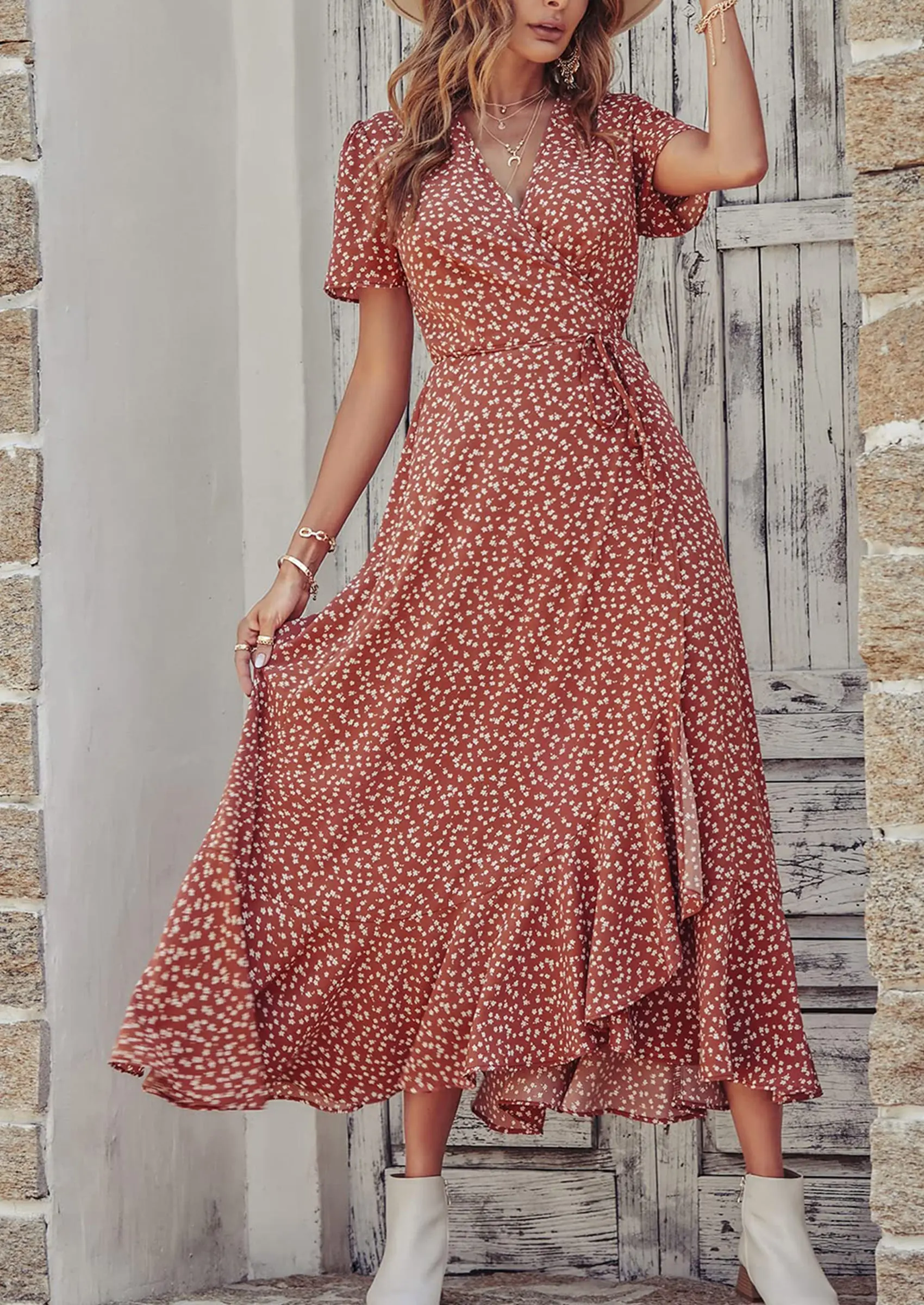 PRETTYGARDEN Women's Summer Maxi Dress Casual Wrap Floral Boho Short Sleeve V Neck Split Ruffle Beach Long Dresses - Image 83