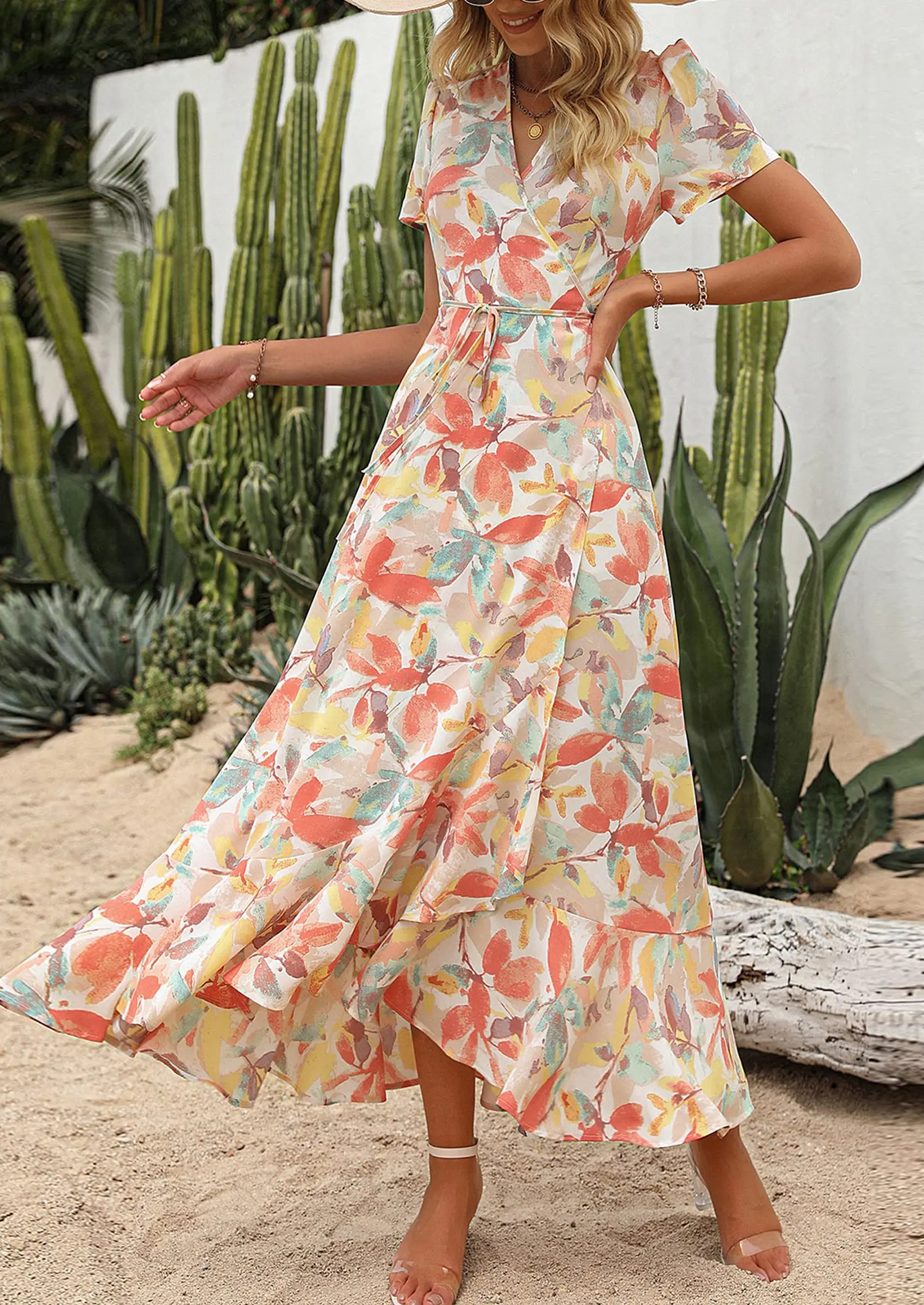 PRETTYGARDEN Women's Summer Maxi Dress Casual Wrap Floral Boho Short Sleeve V Neck Split Ruffle Beach Long Dresses - Image 84