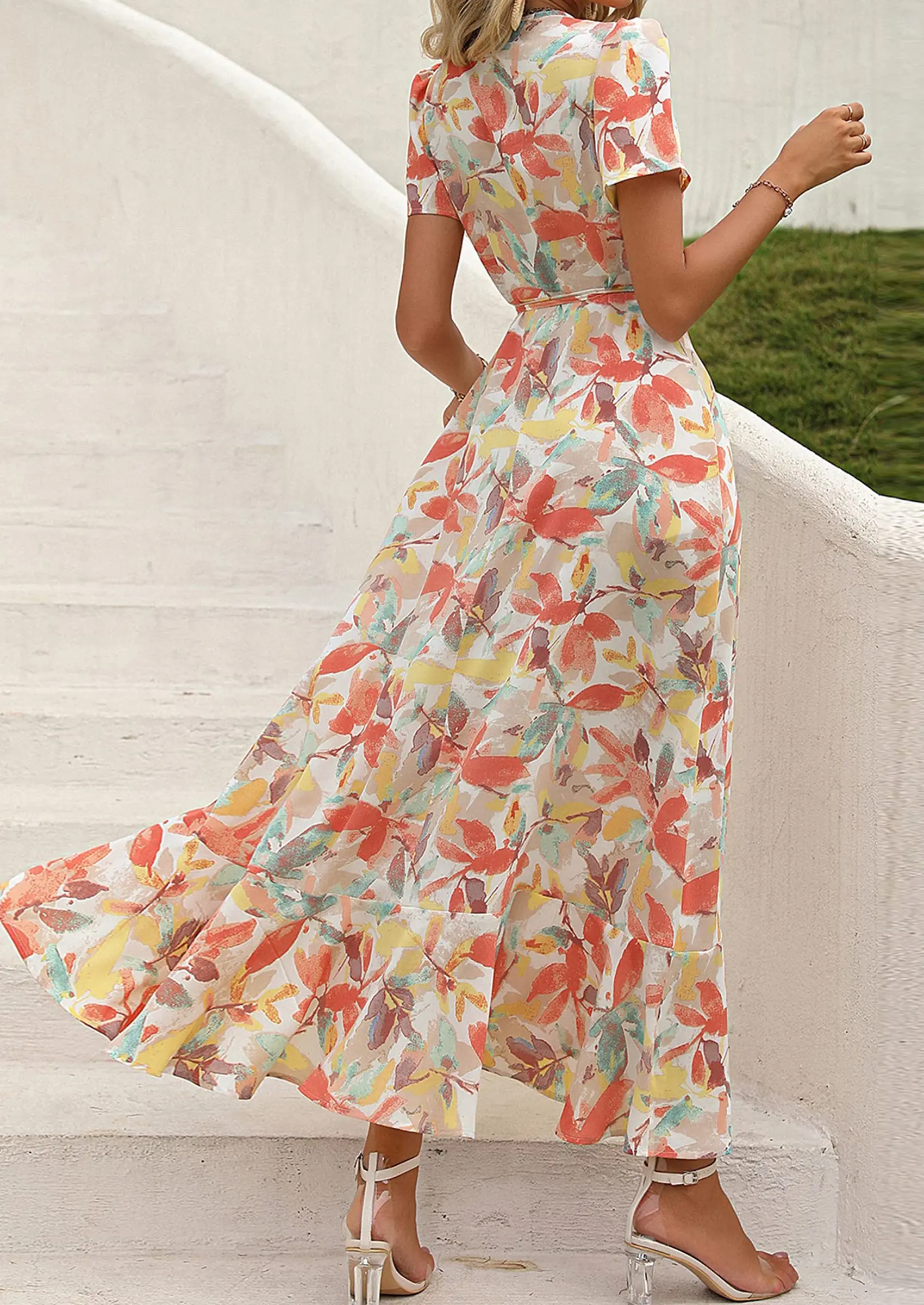 PRETTYGARDEN Women's Summer Maxi Dress Casual Wrap Floral Boho Short Sleeve V Neck Split Ruffle Beach Long Dresses - Image 86