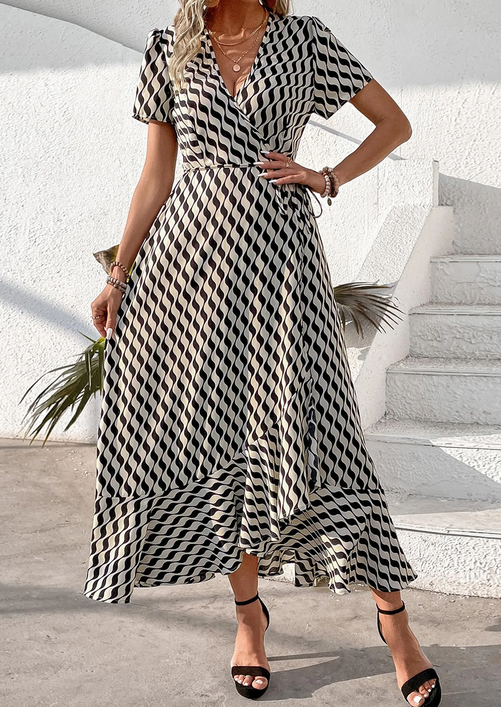 PRETTYGARDEN Women's Summer Maxi Dress Casual Wrap Floral Boho Short Sleeve V Neck Split Ruffle Beach Long Dresses - Image 88