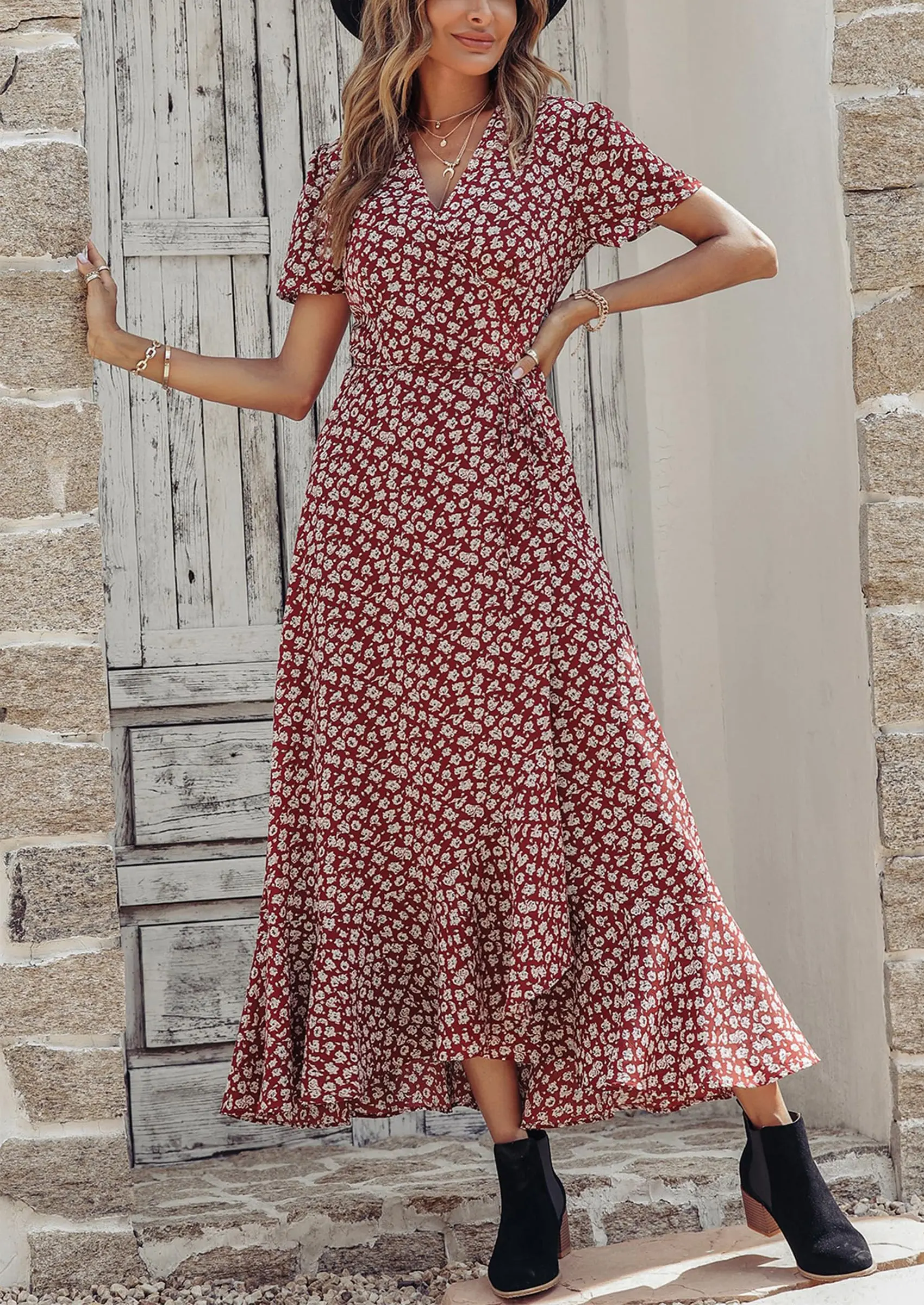 PRETTYGARDEN Women's Summer Maxi Dress Casual Wrap Floral Boho Short Sleeve V Neck Split Ruffle Beach Long Dresses - Image 9