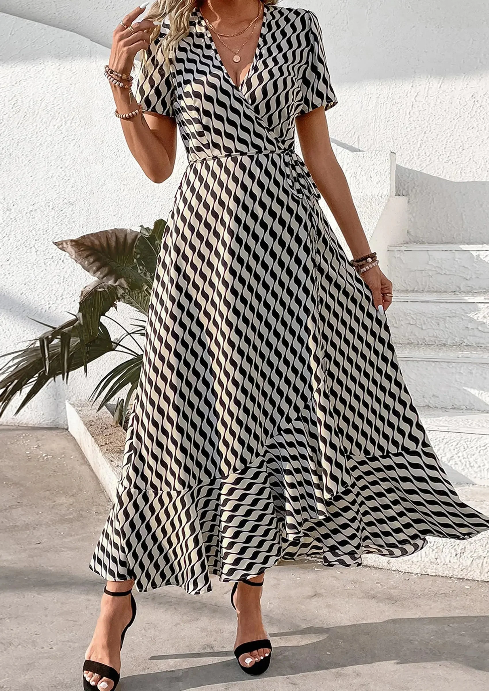 PRETTYGARDEN Women's Summer Maxi Dress Casual Wrap Floral Boho Short Sleeve V Neck Split Ruffle Beach Long Dresses - Image 91