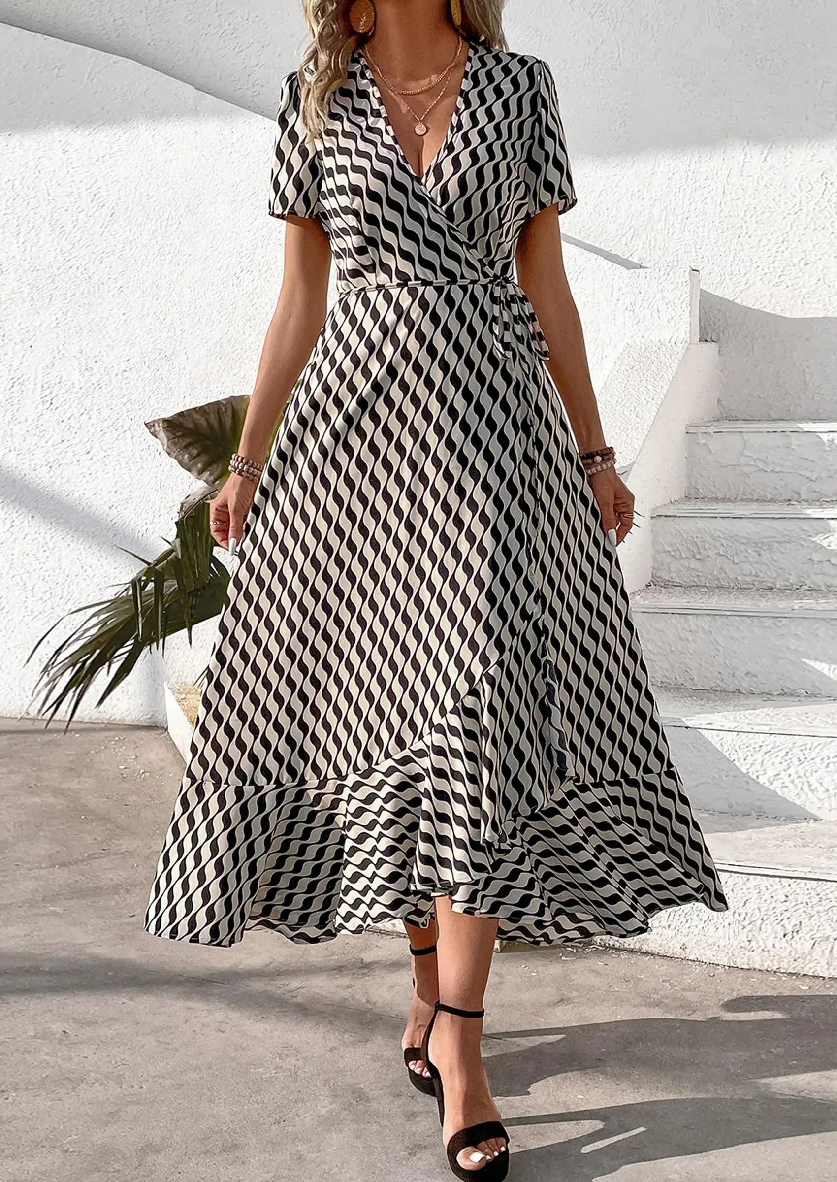 PRETTYGARDEN Women's Summer Maxi Dress Casual Wrap Floral Boho Short Sleeve V Neck Split Ruffle Beach Long Dresses - Image 92