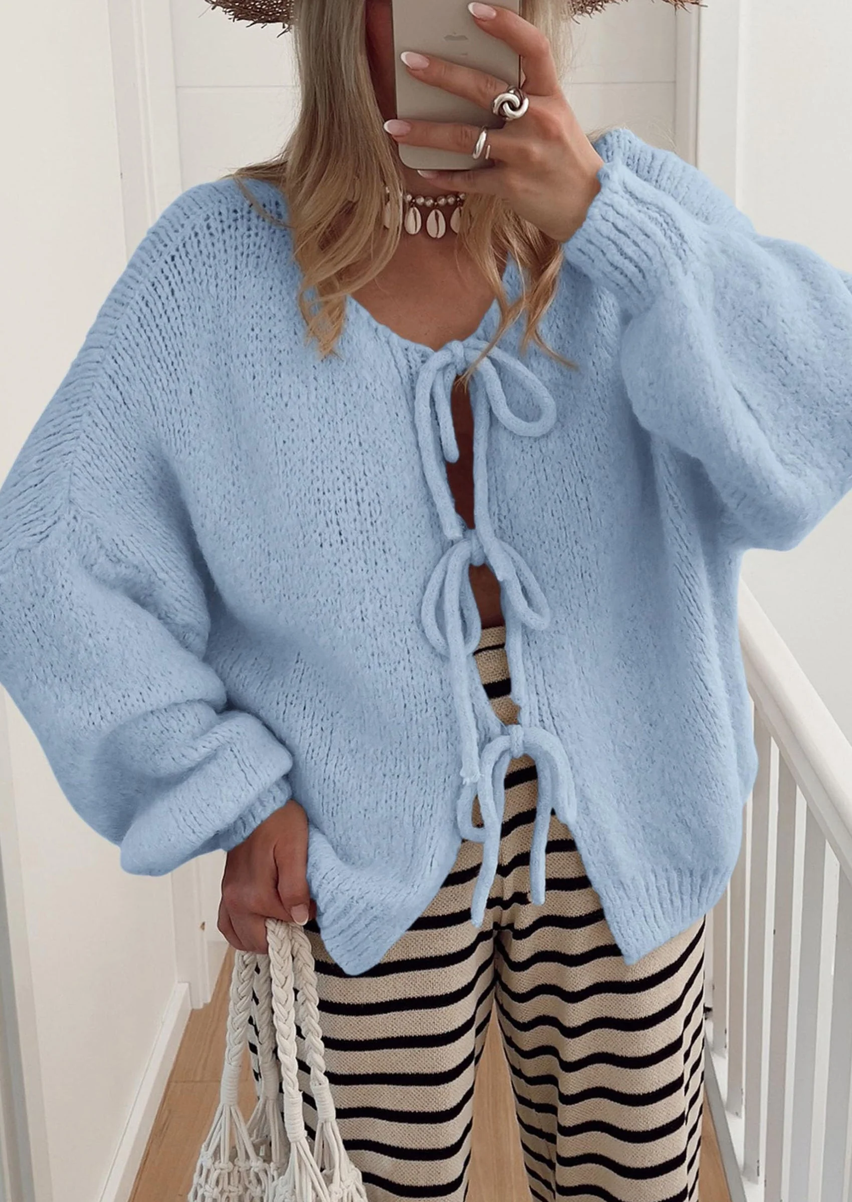 PRETTYGARDEN Women's Tie Front Bow Cardigan Sweaters Chunky Knit Long Puff Sleeve Trendy Fall Winter Jacket Coats - Image 100