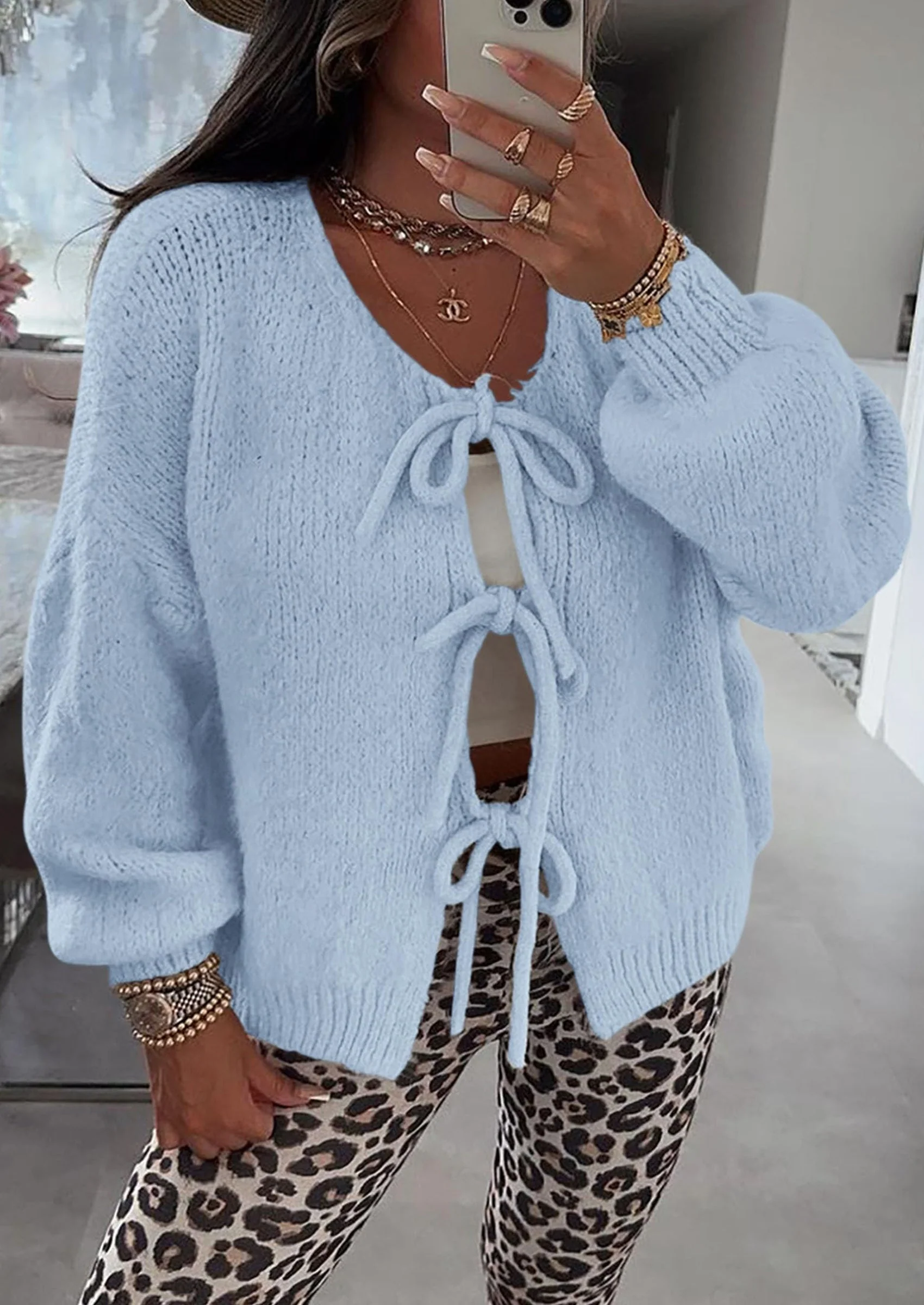 PRETTYGARDEN Women's Tie Front Bow Cardigan Sweaters Chunky Knit Long Puff Sleeve Trendy Fall Winter Jacket Coats - Image 101