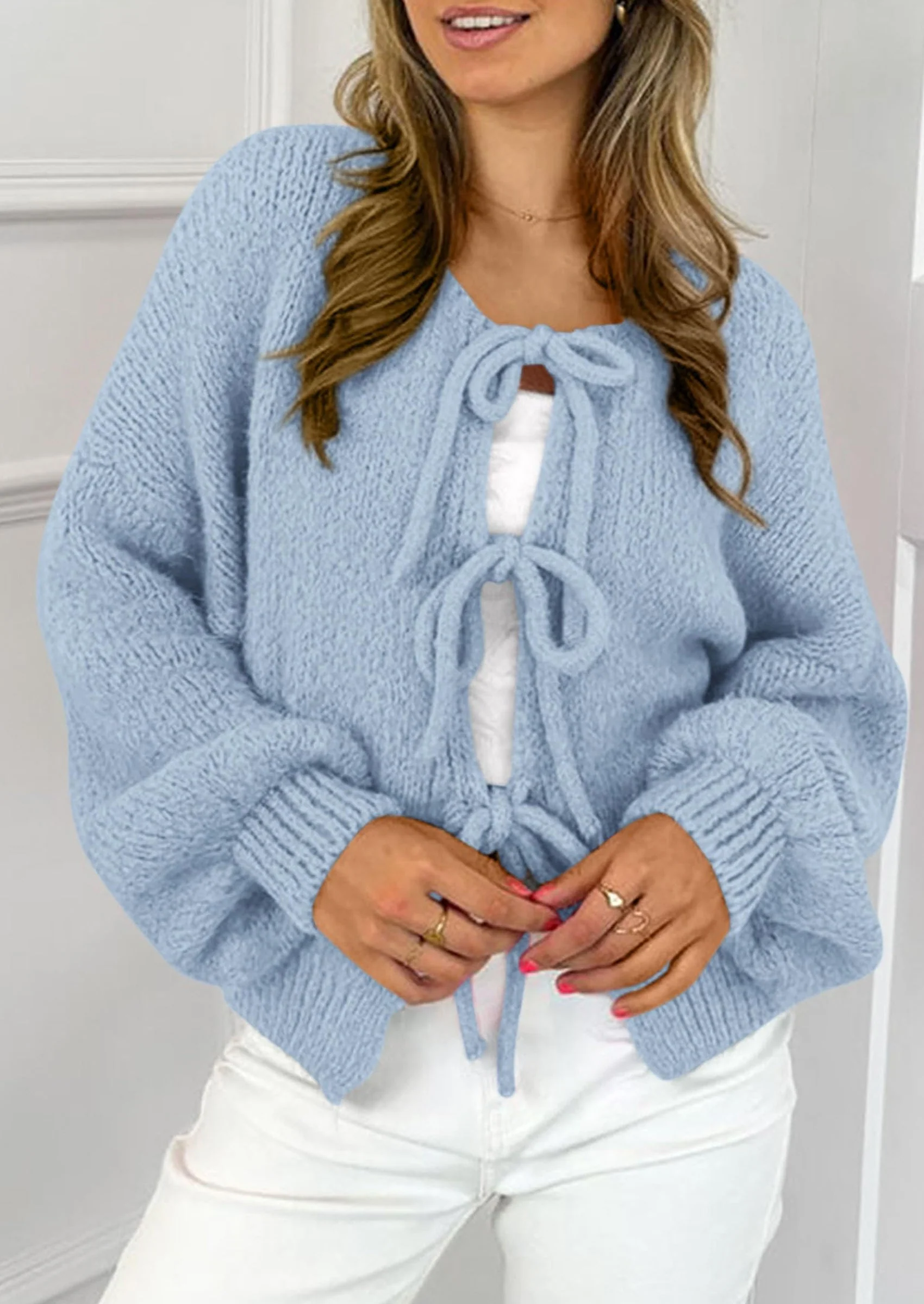 PRETTYGARDEN Women's Tie Front Bow Cardigan Sweaters Chunky Knit Long Puff Sleeve Trendy Fall Winter Jacket Coats - Image 104