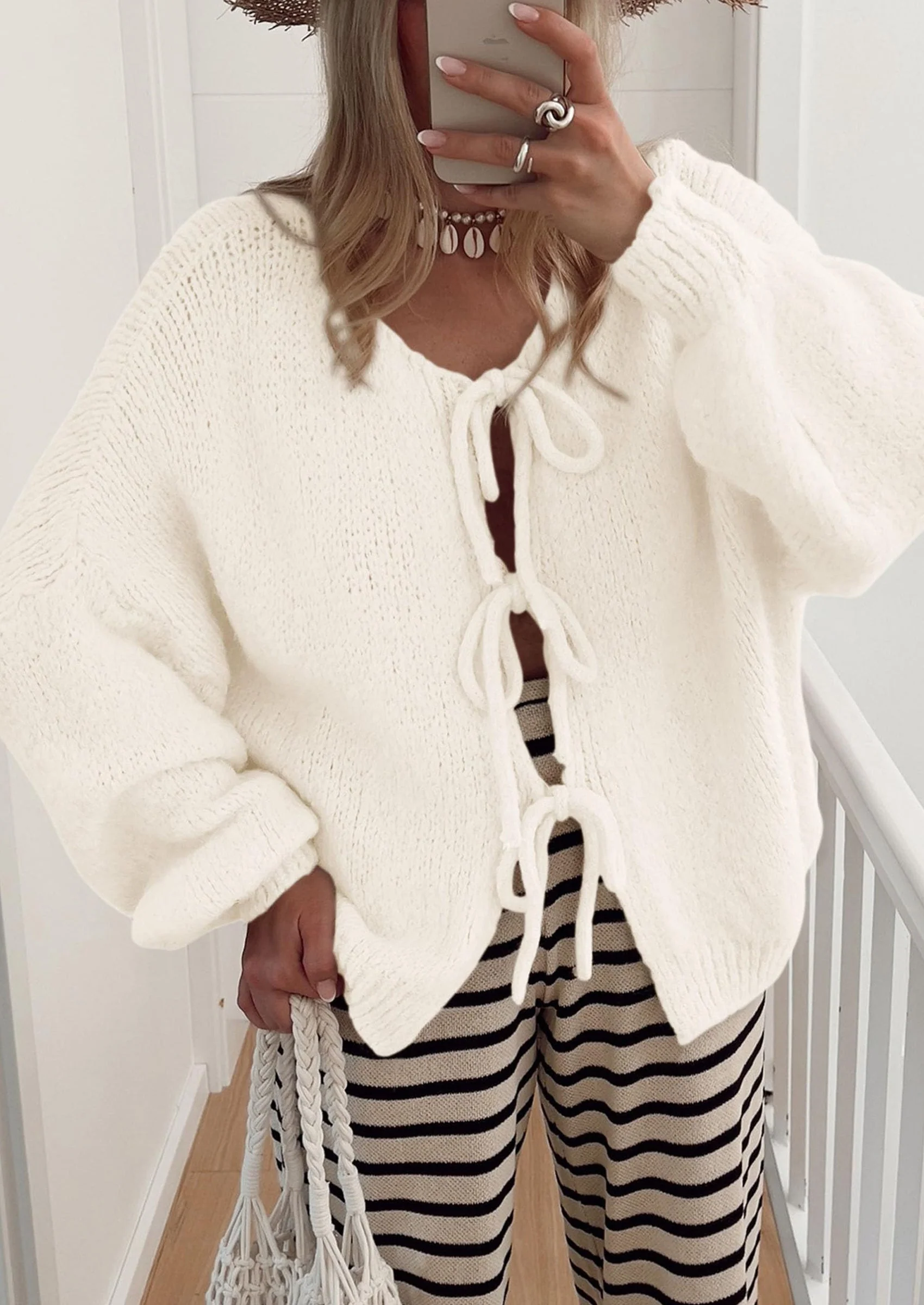 PRETTYGARDEN Women's Tie Front Bow Cardigan Sweaters Chunky Knit Long Puff Sleeve Trendy Fall Winter Jacket Coats - Image 108