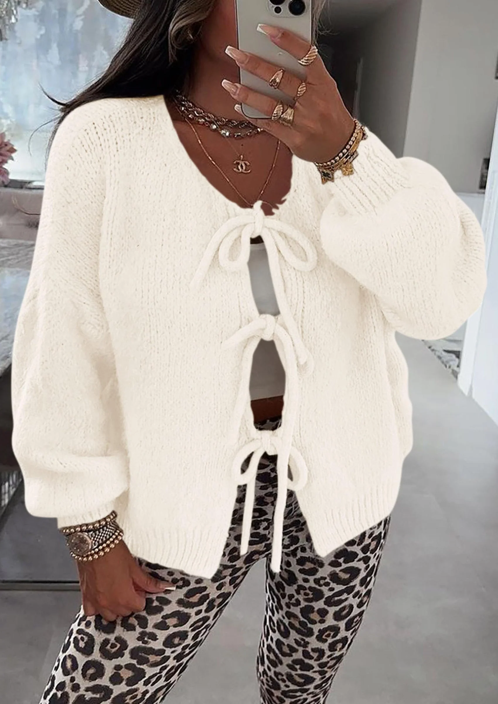 PRETTYGARDEN Women's Tie Front Bow Cardigan Sweaters Chunky Knit Long Puff Sleeve Trendy Fall Winter Jacket Coats - Image 109