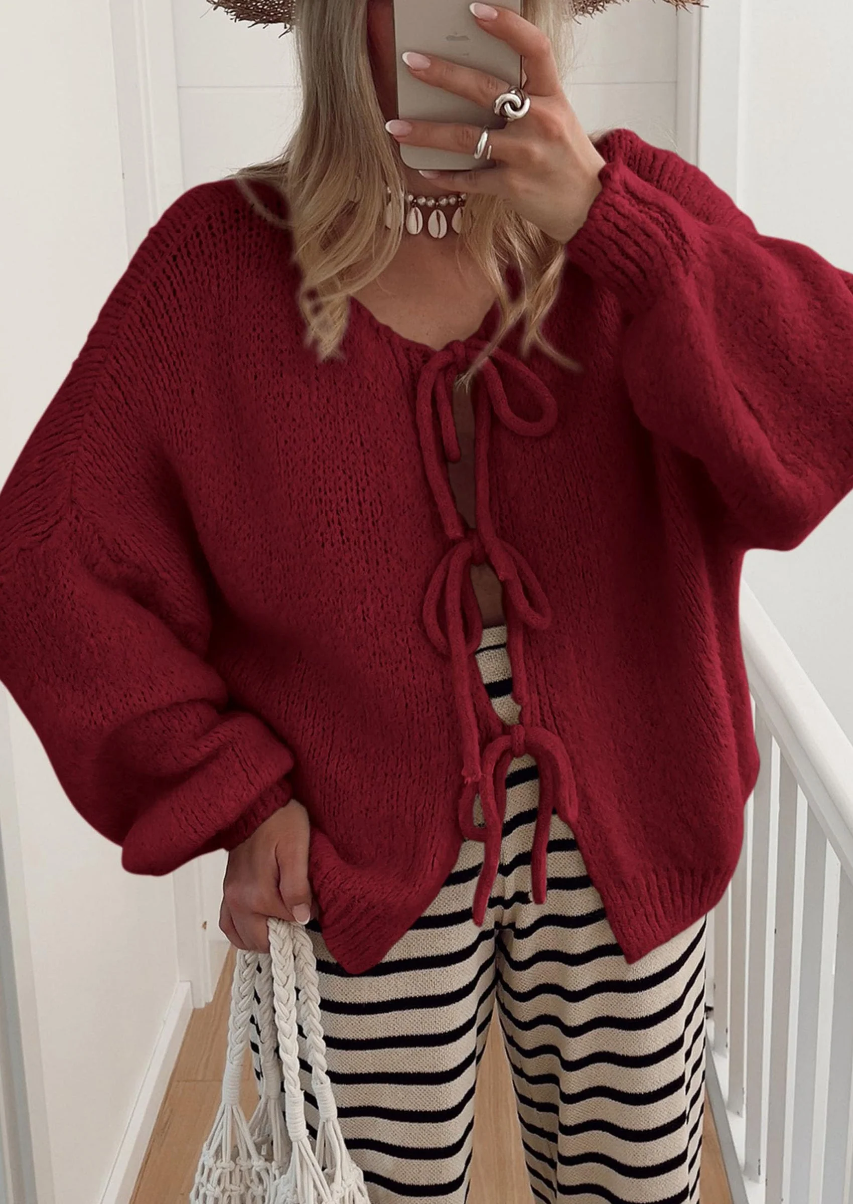 PRETTYGARDEN Women's Tie Front Bow Cardigan Sweaters Chunky Knit Long Puff Sleeve Trendy Fall Winter Jacket Coats - Image 113