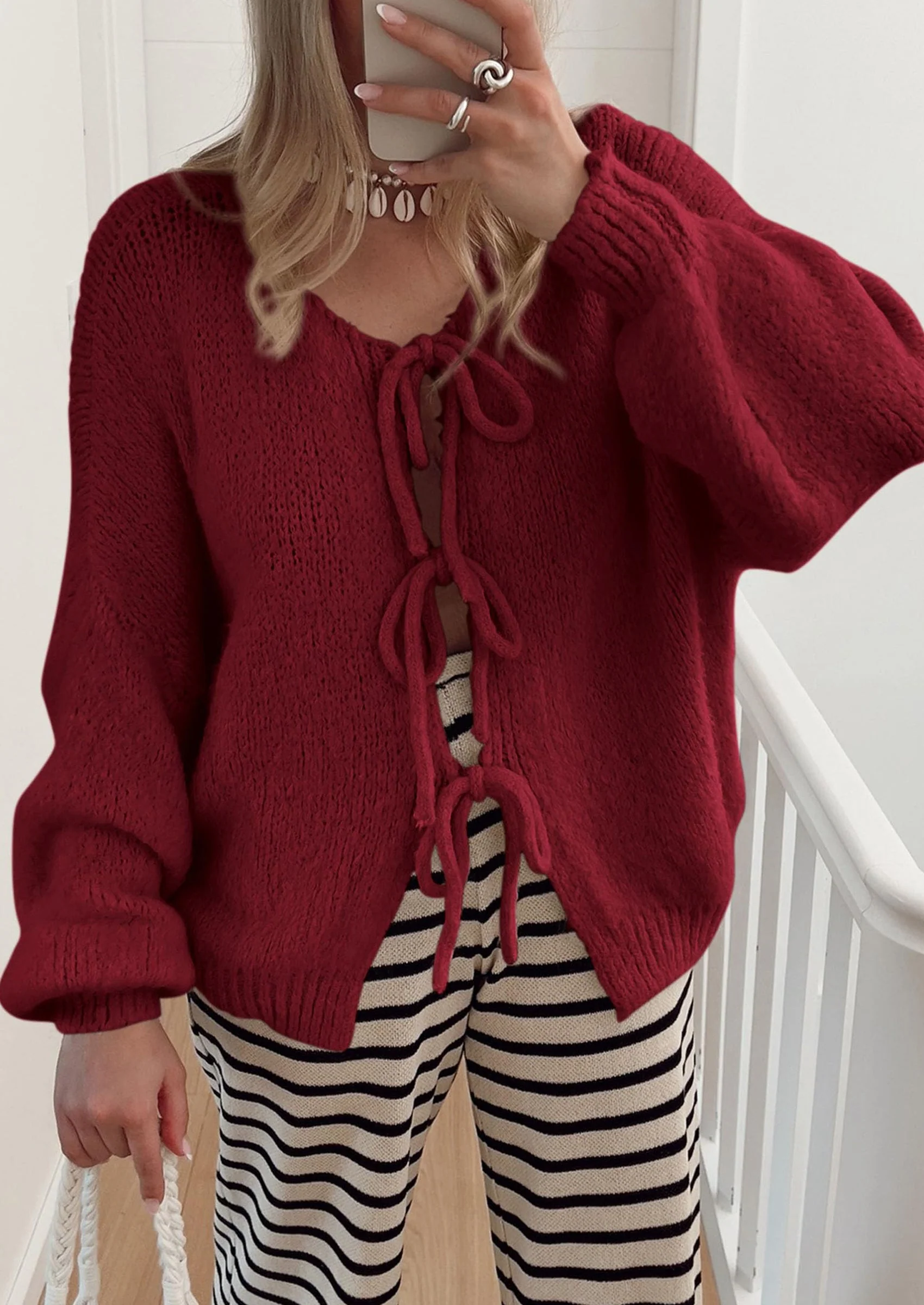 PRETTYGARDEN Women's Tie Front Bow Cardigan Sweaters Chunky Knit Long Puff Sleeve Trendy Fall Winter Jacket Coats - Image 114