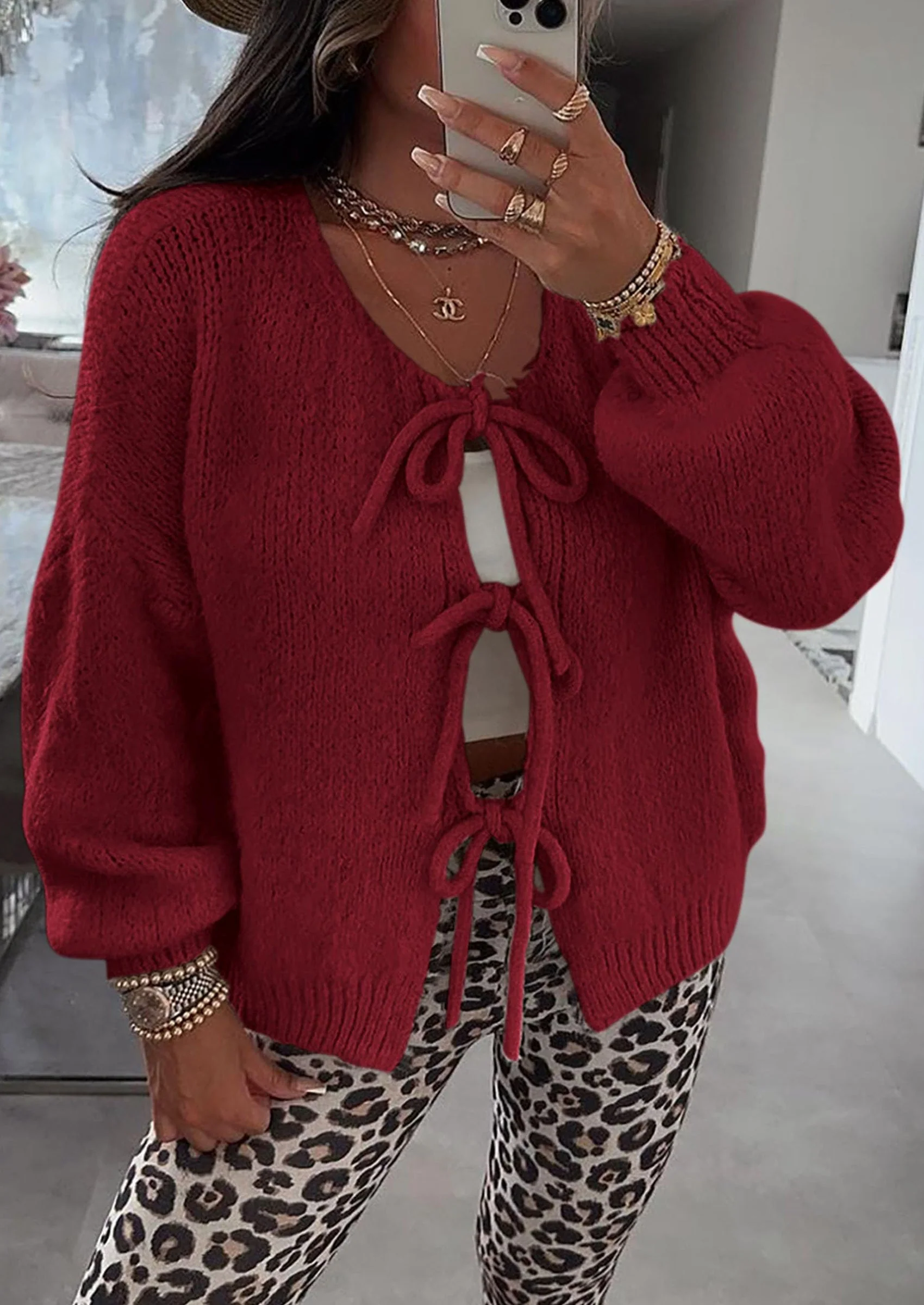 PRETTYGARDEN Women's Tie Front Bow Cardigan Sweaters Chunky Knit Long Puff Sleeve Trendy Fall Winter Jacket Coats - Image 115