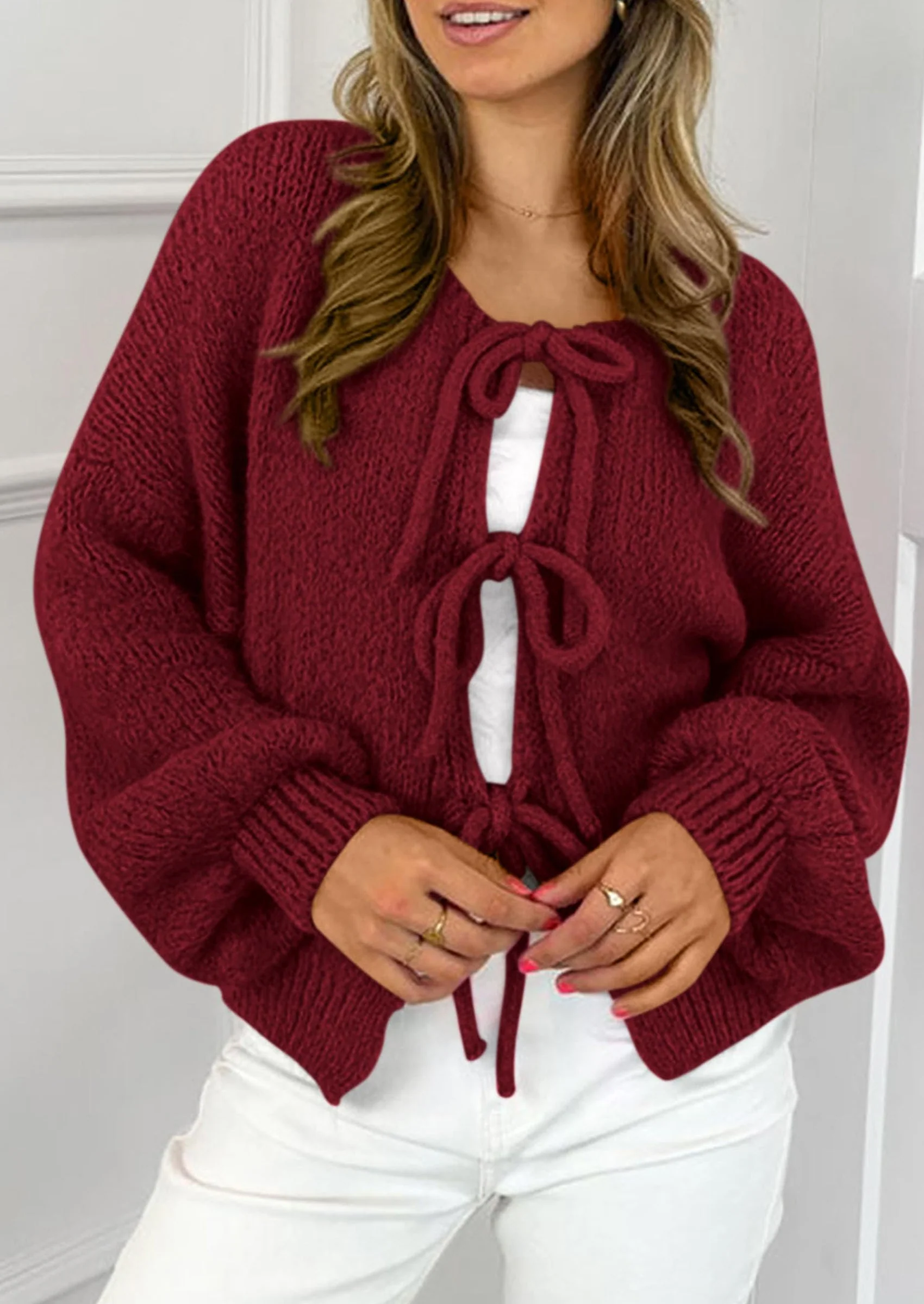 PRETTYGARDEN Women's Tie Front Bow Cardigan Sweaters Chunky Knit Long Puff Sleeve Trendy Fall Winter Jacket Coats - Image 116