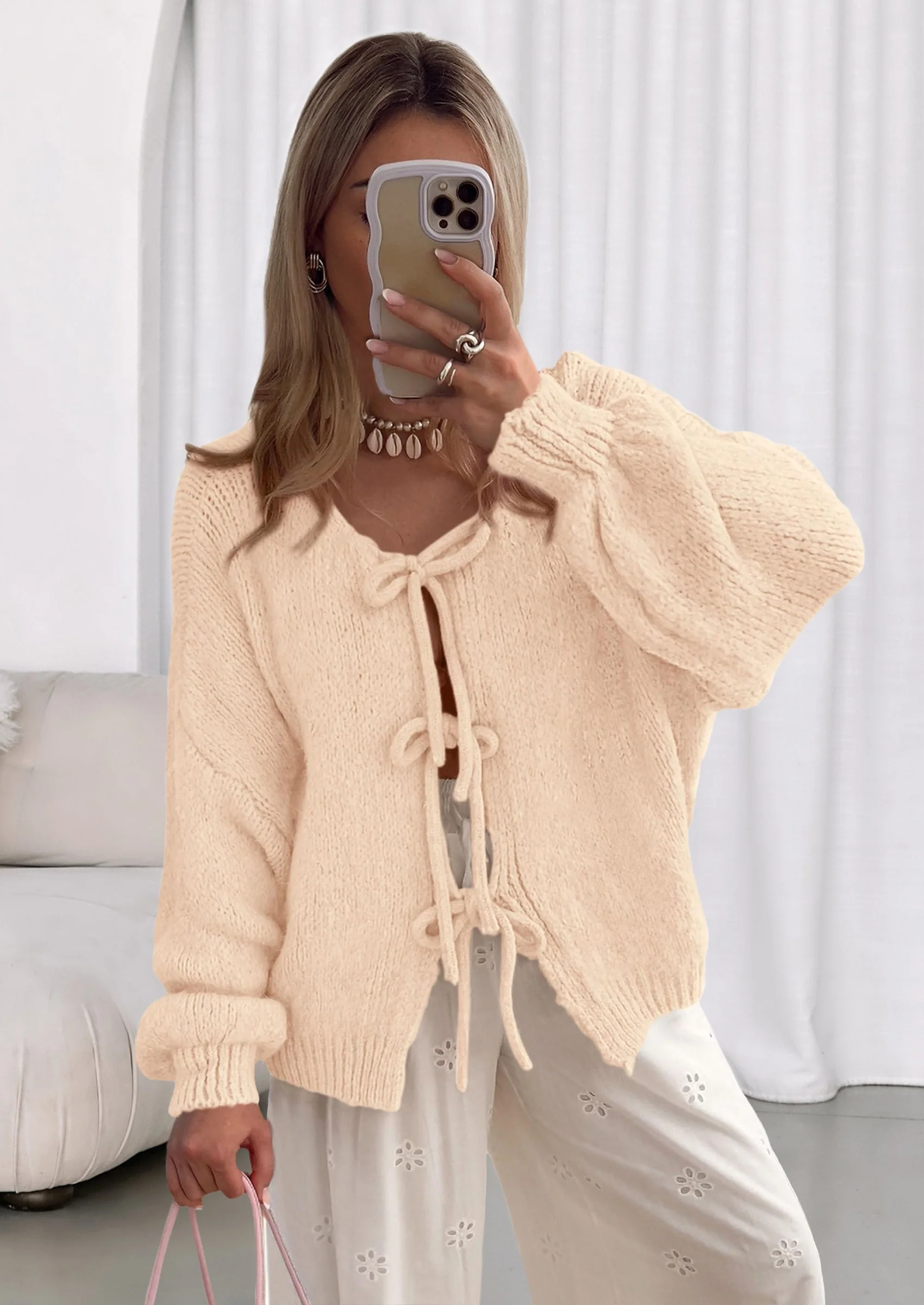 PRETTYGARDEN Women's Tie Front Bow Cardigan Sweaters Chunky Knit Long Puff Sleeve Trendy Fall Winter Jacket Coats - Image 119