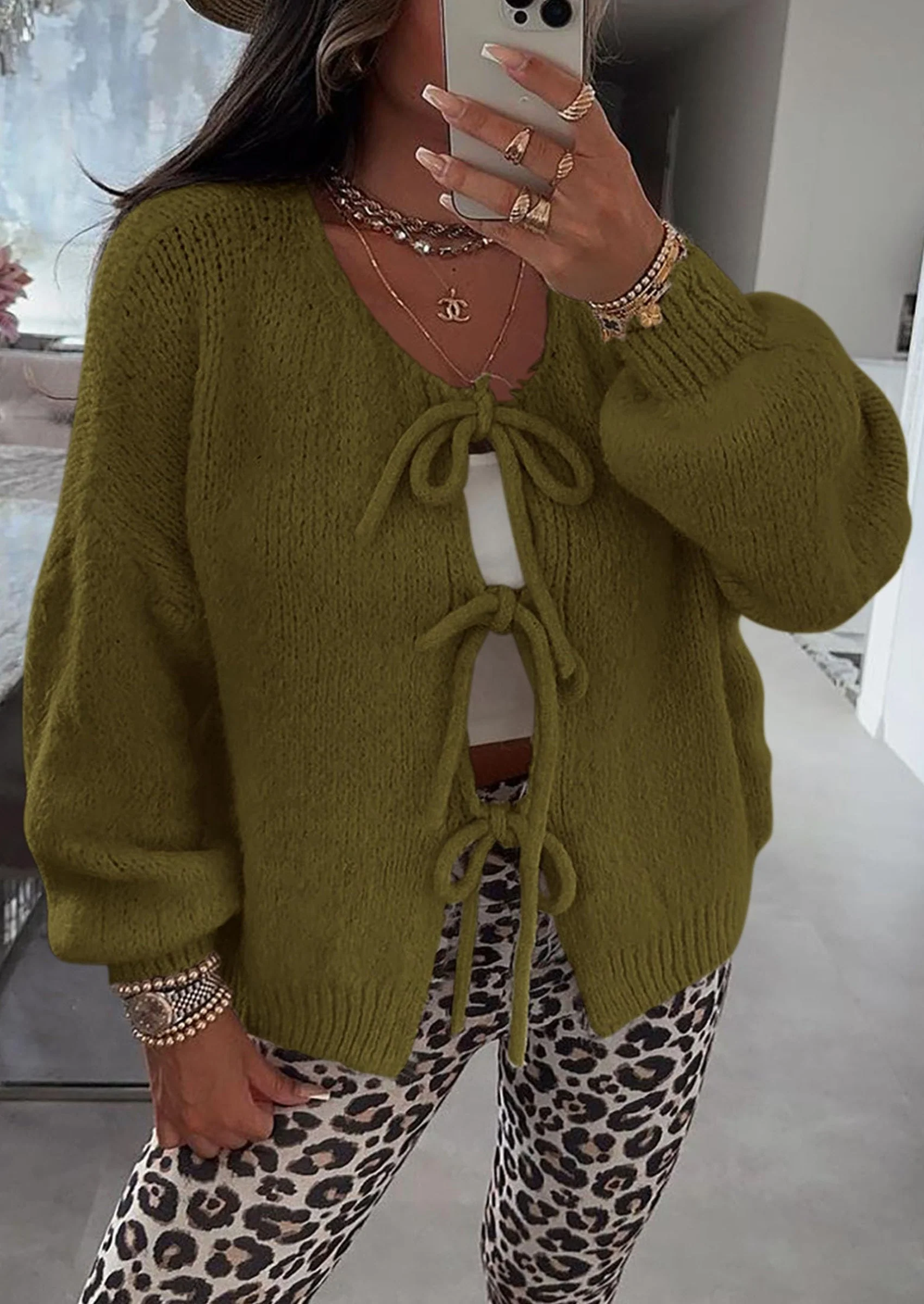 PRETTYGARDEN Women's Tie Front Bow Cardigan Sweaters Chunky Knit Long Puff Sleeve Trendy Fall Winter Jacket Coats - Image 12