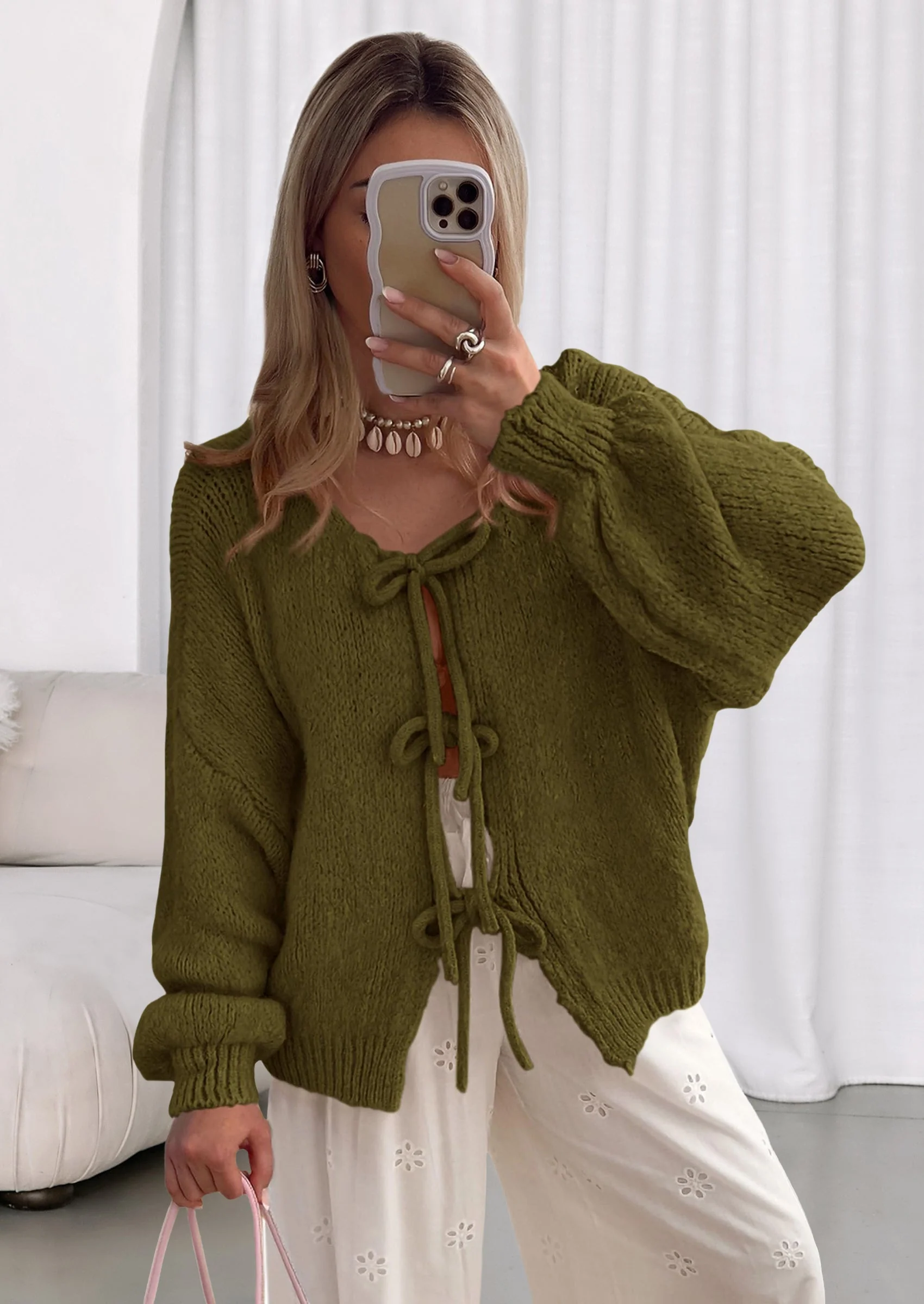 PRETTYGARDEN Women's Tie Front Bow Cardigan Sweaters Chunky Knit Long Puff Sleeve Trendy Fall Winter Jacket Coats - Image 120