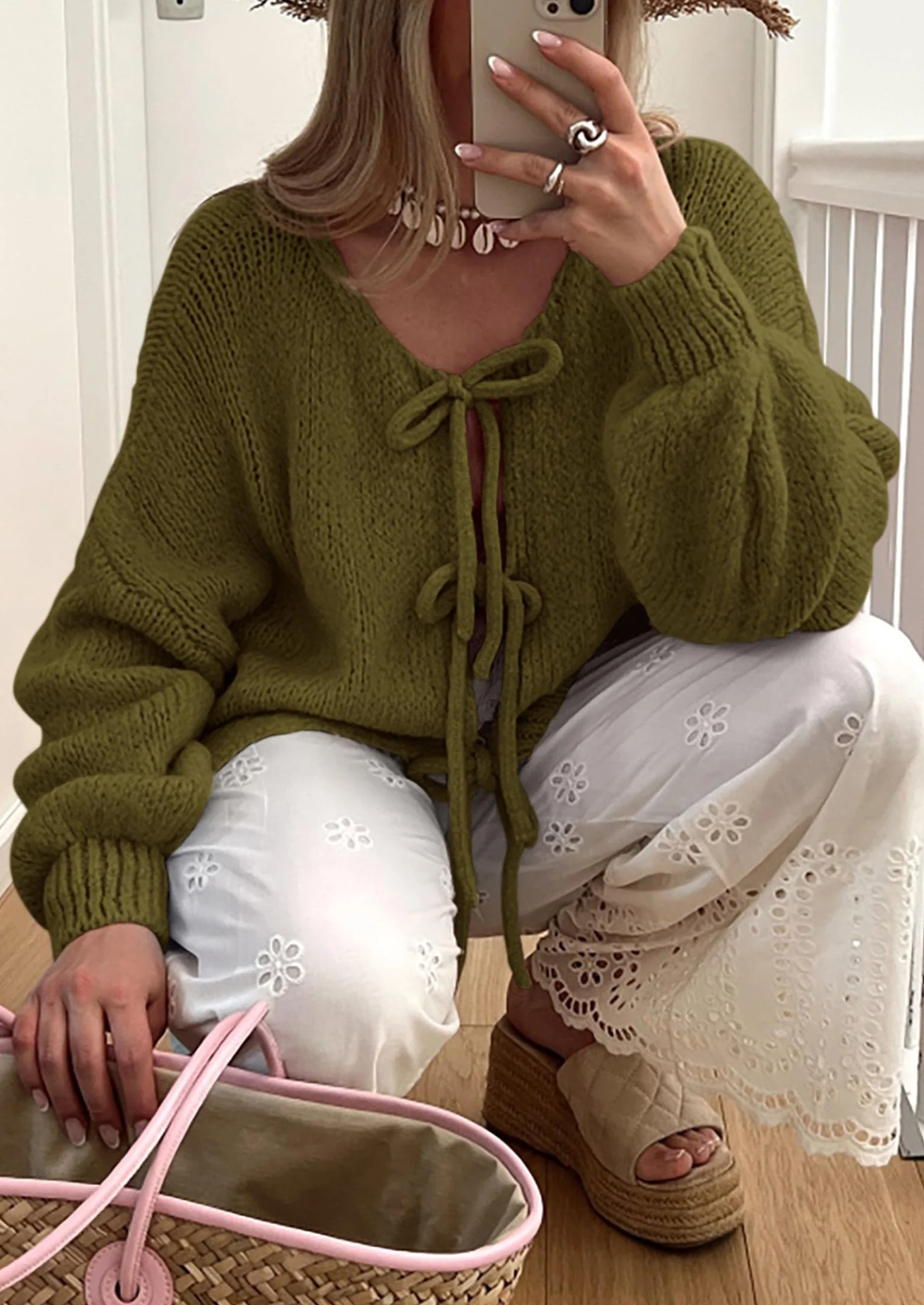 PRETTYGARDEN Women's Tie Front Bow Cardigan Sweaters Chunky Knit Long Puff Sleeve Trendy Fall Winter Jacket Coats - Image 13