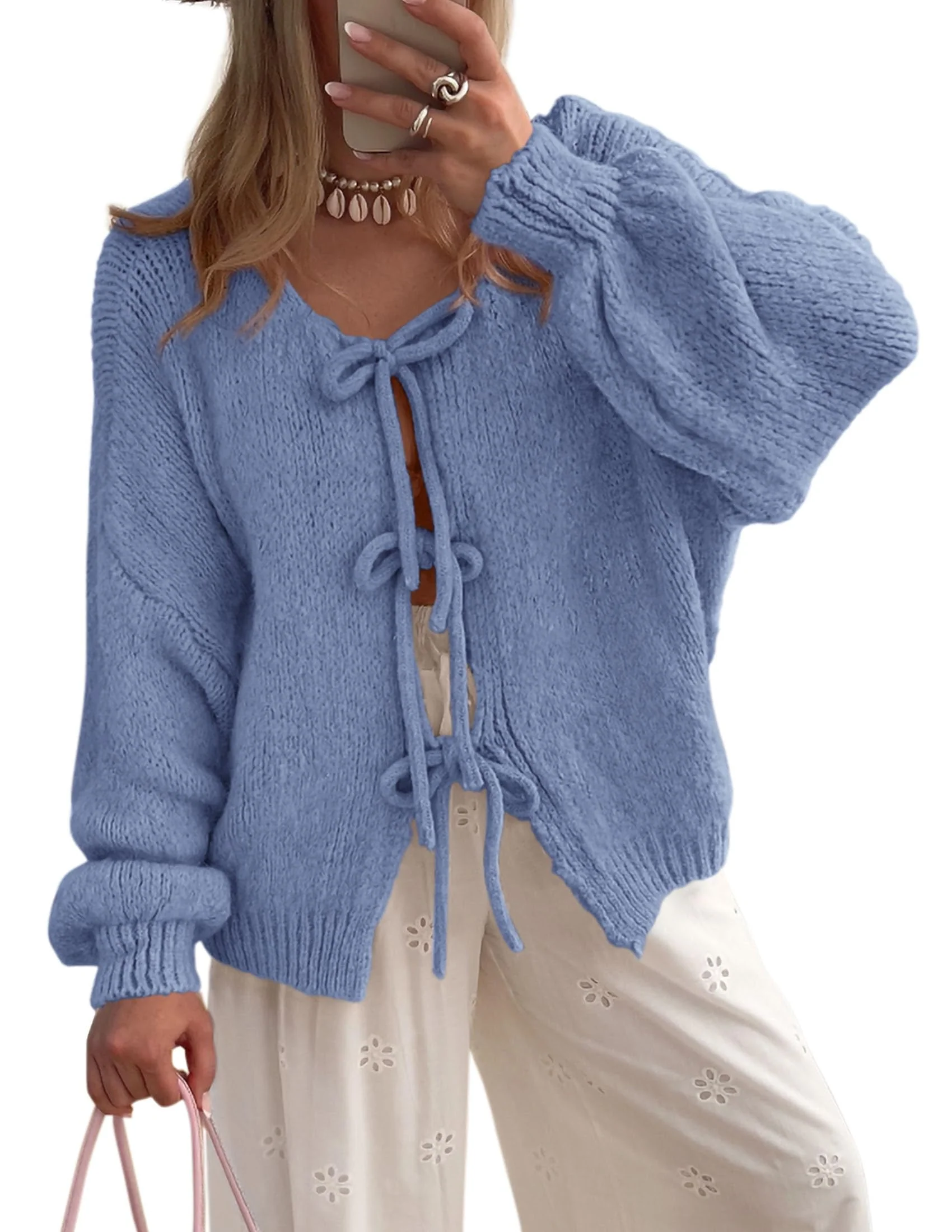 PRETTYGARDEN Women's Tie Front Bow Cardigan Sweaters Chunky Knit Long Puff Sleeve Trendy Fall Winter Jacket Coats - Image 130