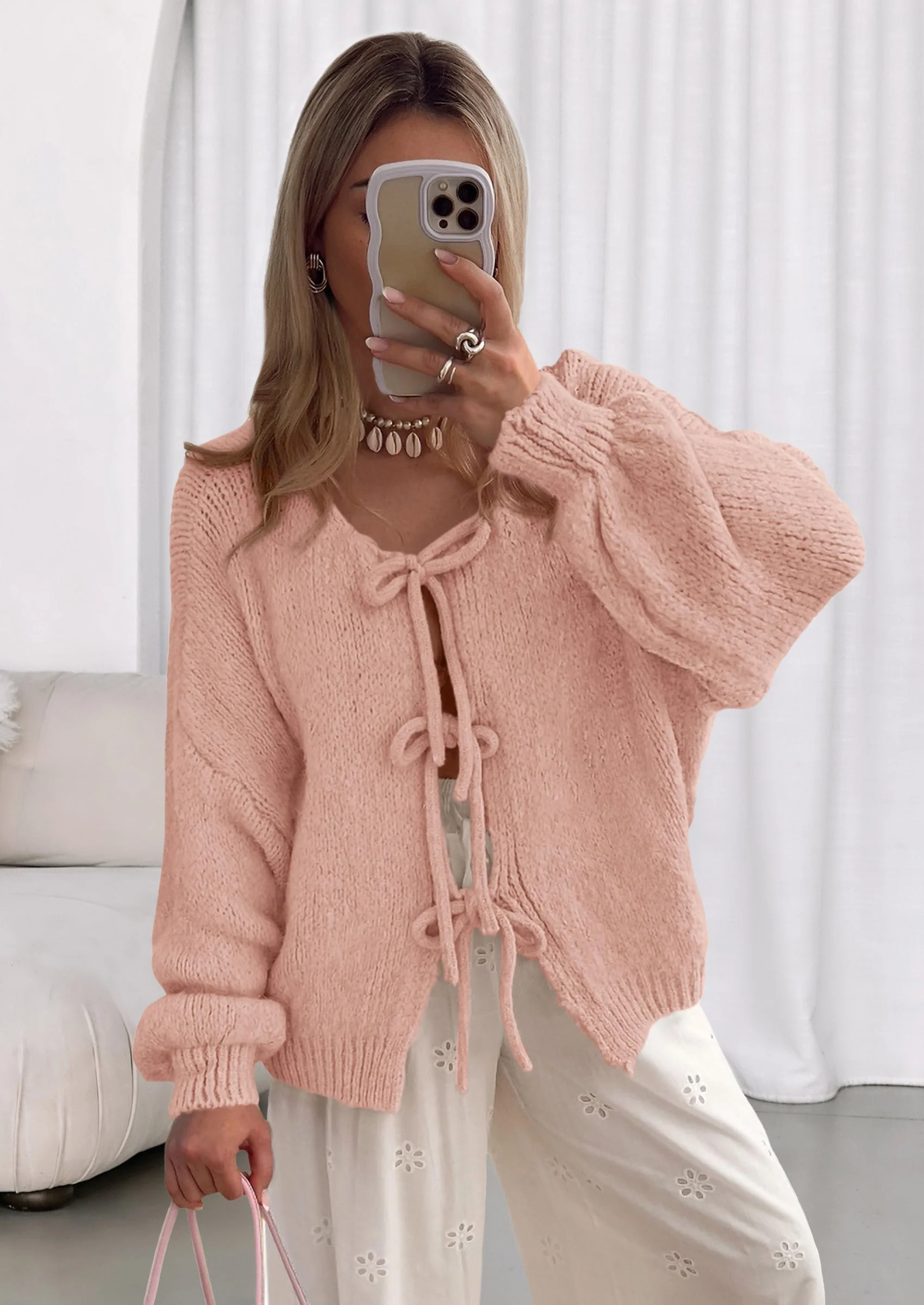 PRETTYGARDEN Women's Tie Front Bow Cardigan Sweaters Chunky Knit Long Puff Sleeve Trendy Fall Winter Jacket Coats - Image 133