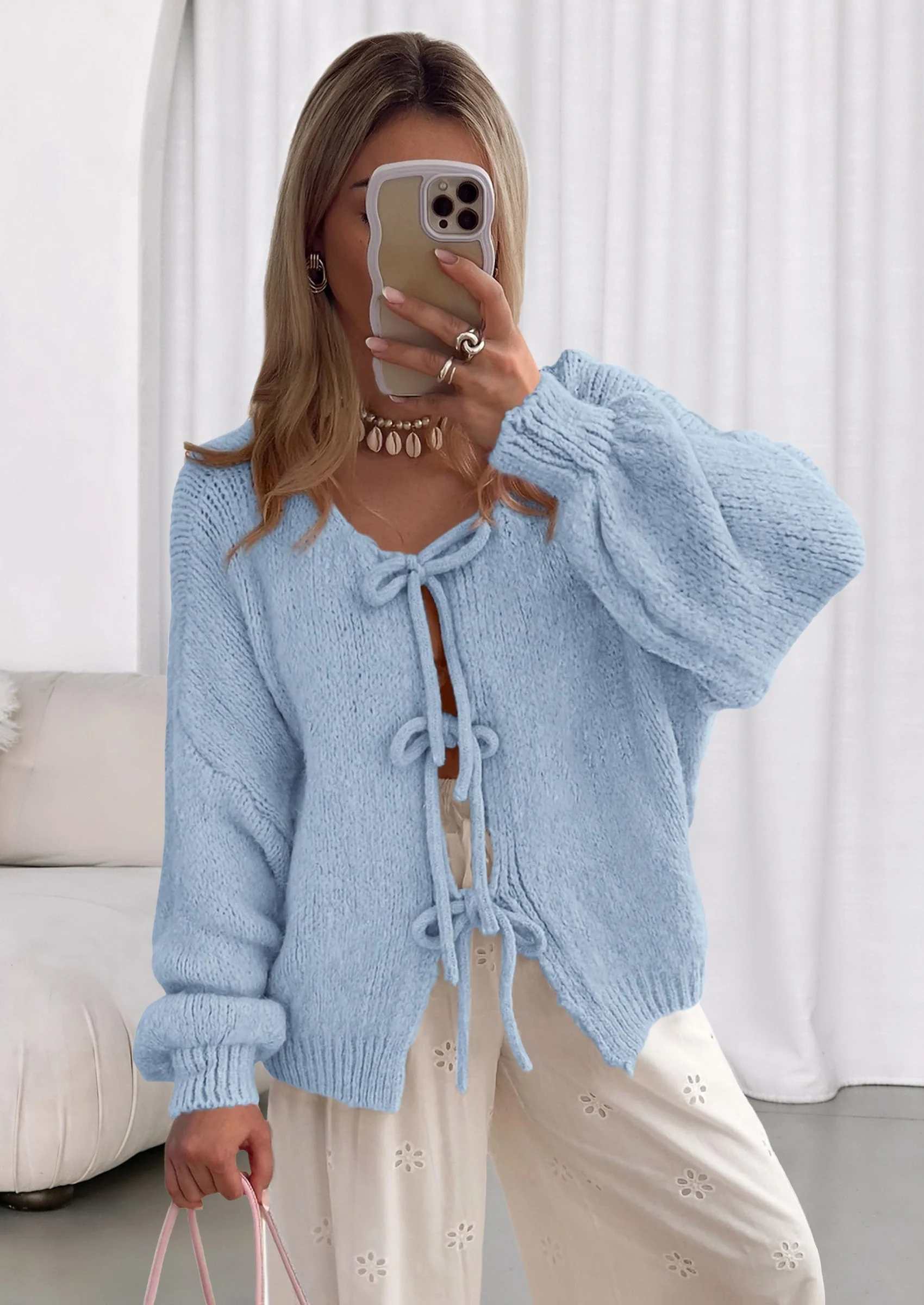 PRETTYGARDEN Women's Tie Front Bow Cardigan Sweaters Chunky Knit Long Puff Sleeve Trendy Fall Winter Jacket Coats - Image 134