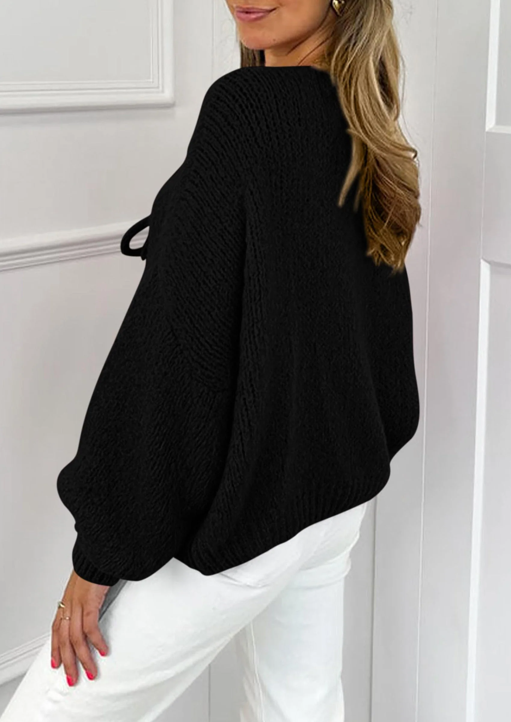 PRETTYGARDEN Women's Tie Front Bow Cardigan Sweaters Chunky Knit Long Puff Sleeve Trendy Fall Winter Jacket Coats - Image 15