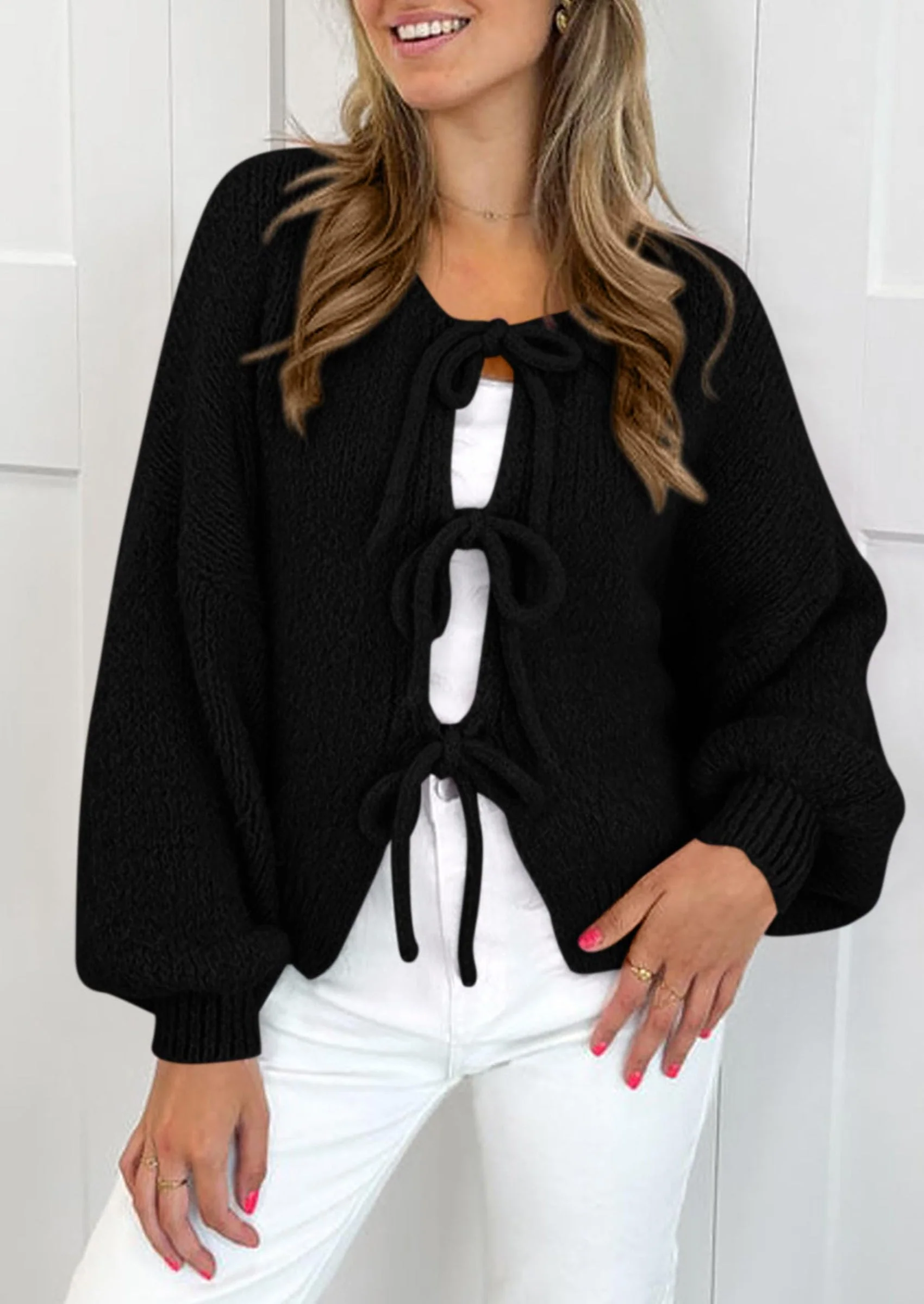 PRETTYGARDEN Women's Tie Front Bow Cardigan Sweaters Chunky Knit Long Puff Sleeve Trendy Fall Winter Jacket Coats - Image 16