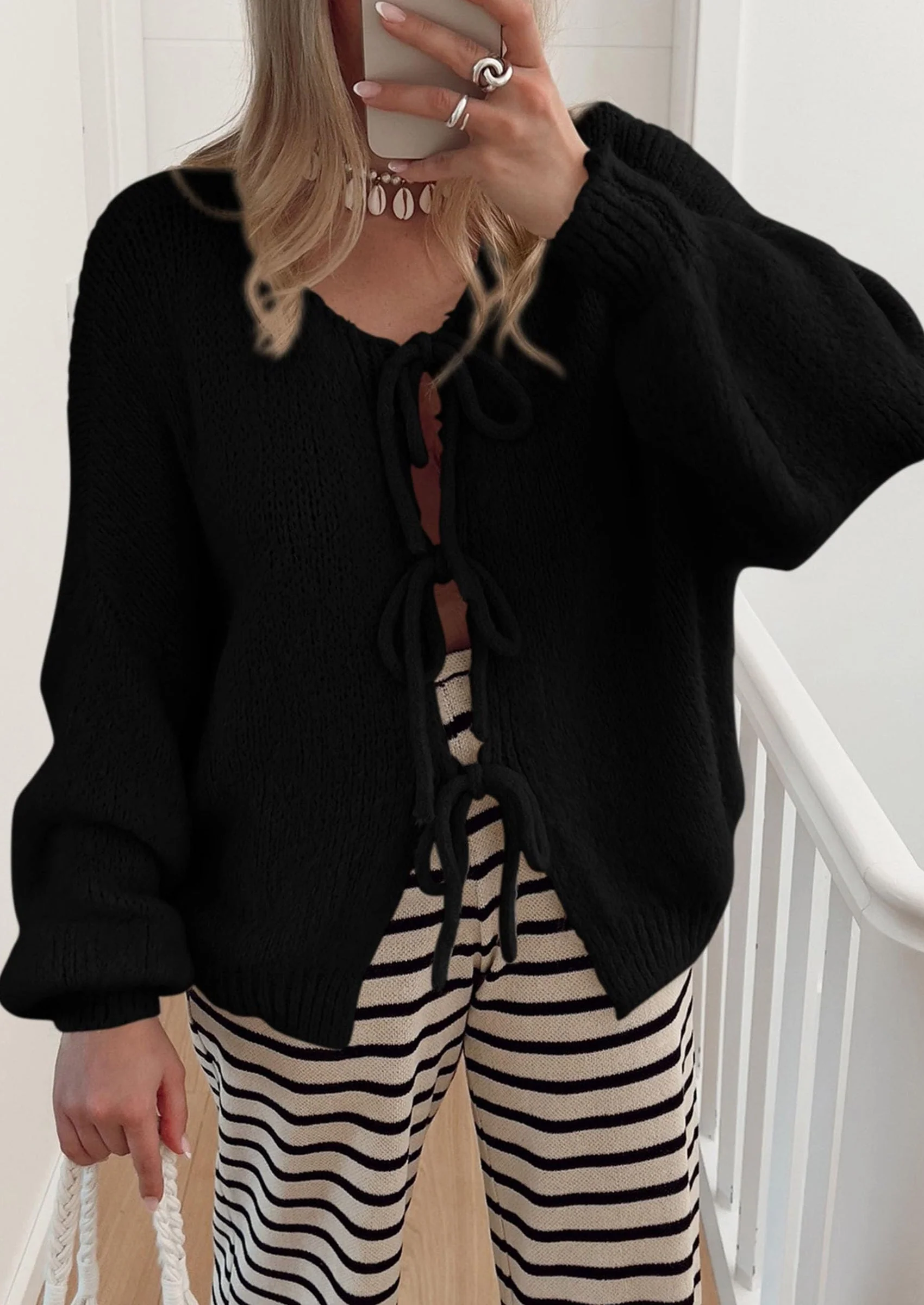 PRETTYGARDEN Women's Tie Front Bow Cardigan Sweaters Chunky Knit Long Puff Sleeve Trendy Fall Winter Jacket Coats - Image 18