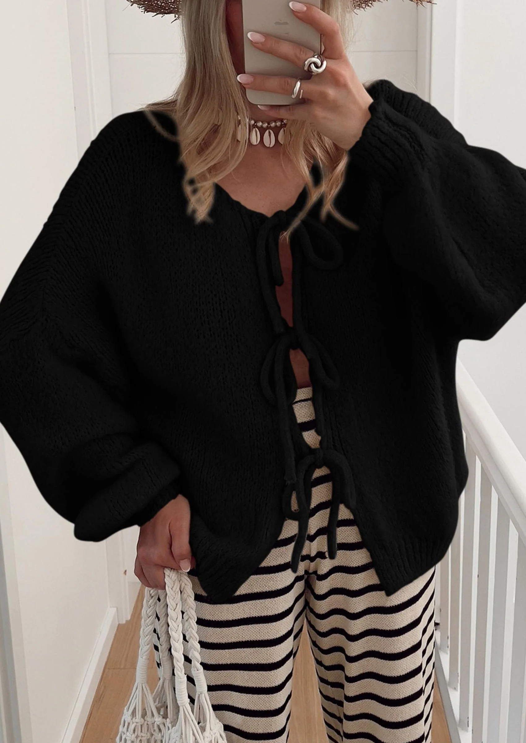 PRETTYGARDEN Women's Tie Front Bow Cardigan Sweaters Chunky Knit Long Puff Sleeve Trendy Fall Winter Jacket Coats - Image 19