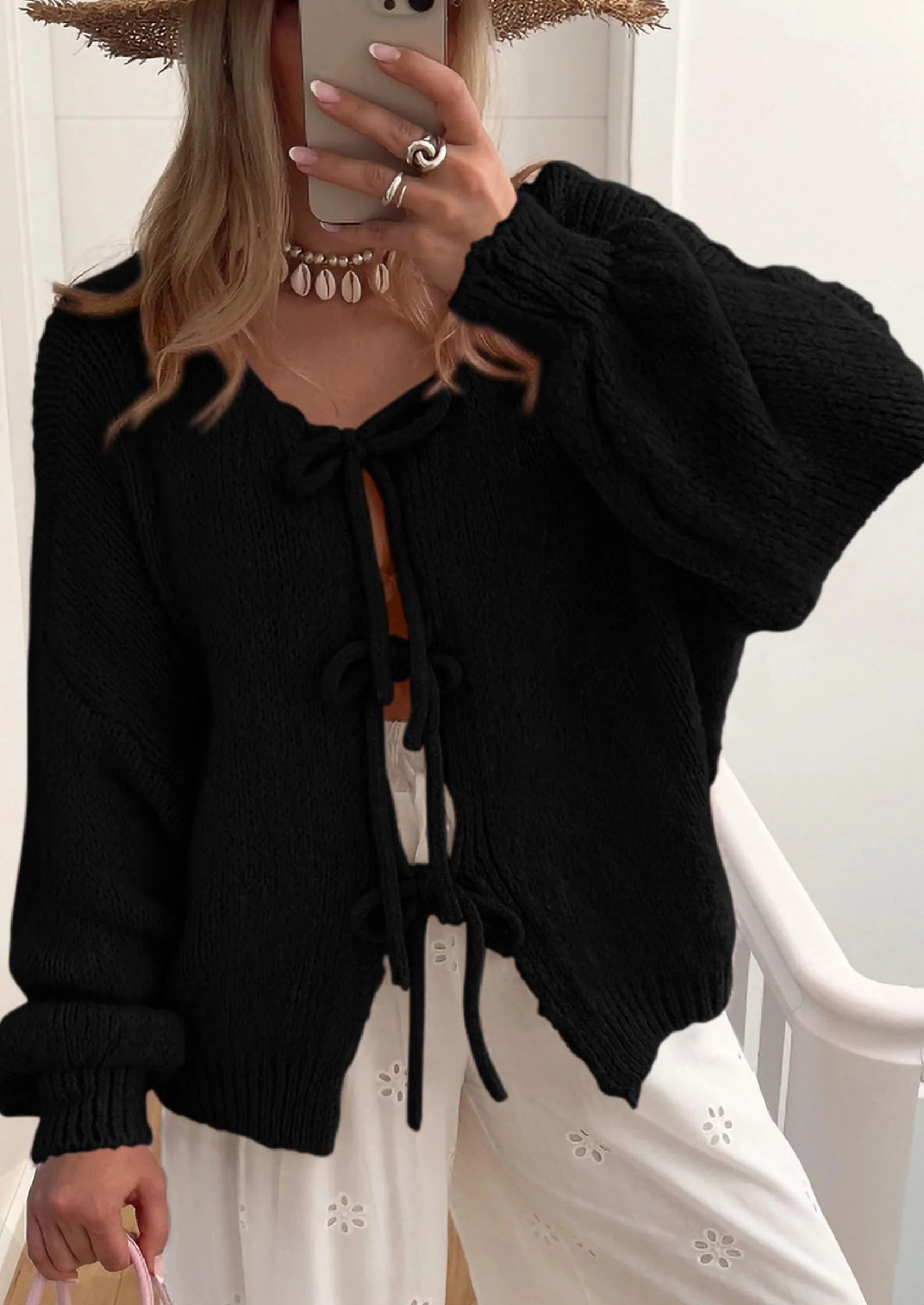 PRETTYGARDEN Women's Tie Front Bow Cardigan Sweaters Chunky Knit Long Puff Sleeve Trendy Fall Winter Jacket Coats - Image 21