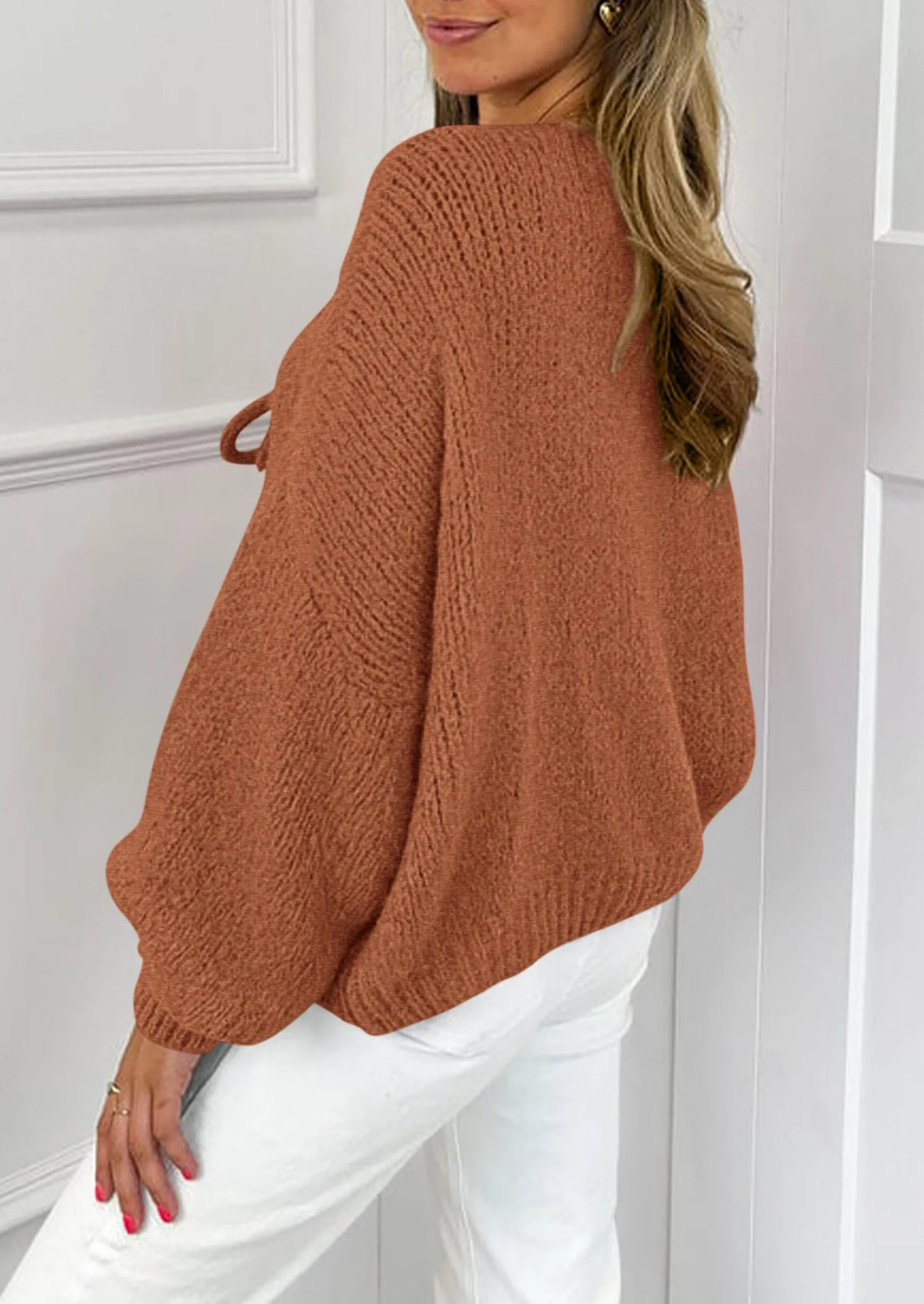 PRETTYGARDEN Women's Tie Front Bow Cardigan Sweaters Chunky Knit Long Puff Sleeve Trendy Fall Winter Jacket Coats - Image 23